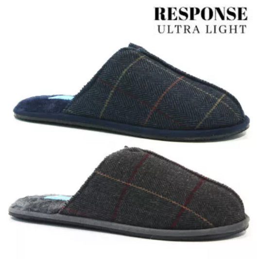 Response Ultra Light men's slip-on mule slippers with navy or grey herringbone check pattern, soft cushioned insole, and lightweight sole for indoor comfort