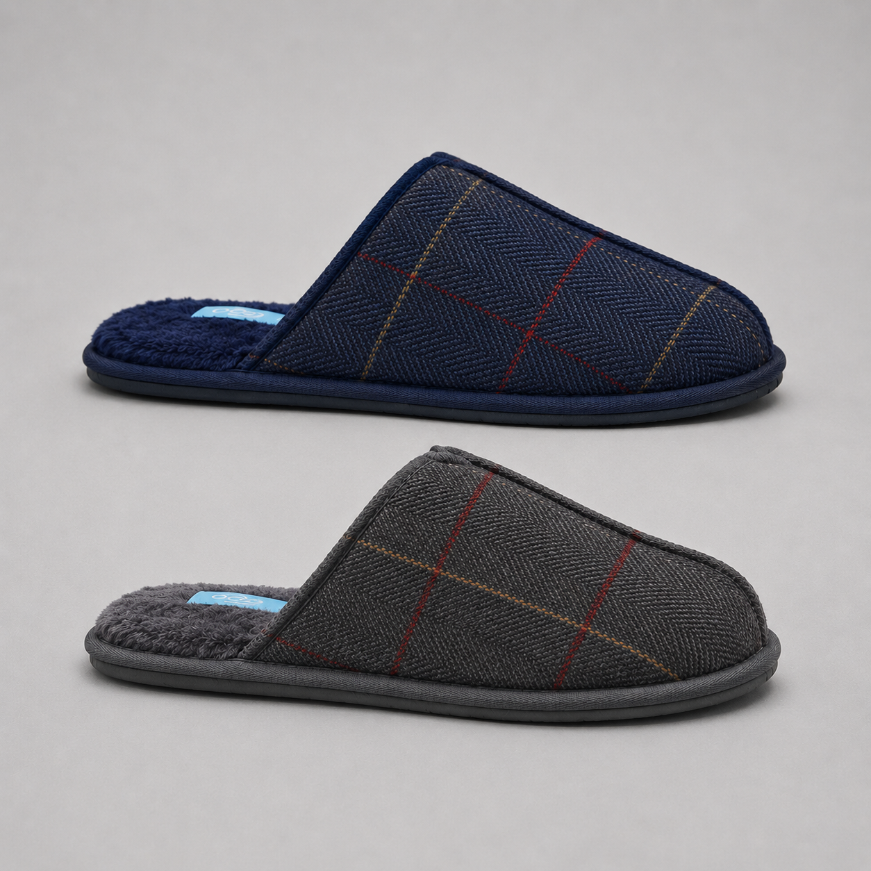 Response Ultra Light men's slip-on mule slippers with grey or navy herringbone check pattern, soft cushioned insole, and lightweight sole for indoor comfort