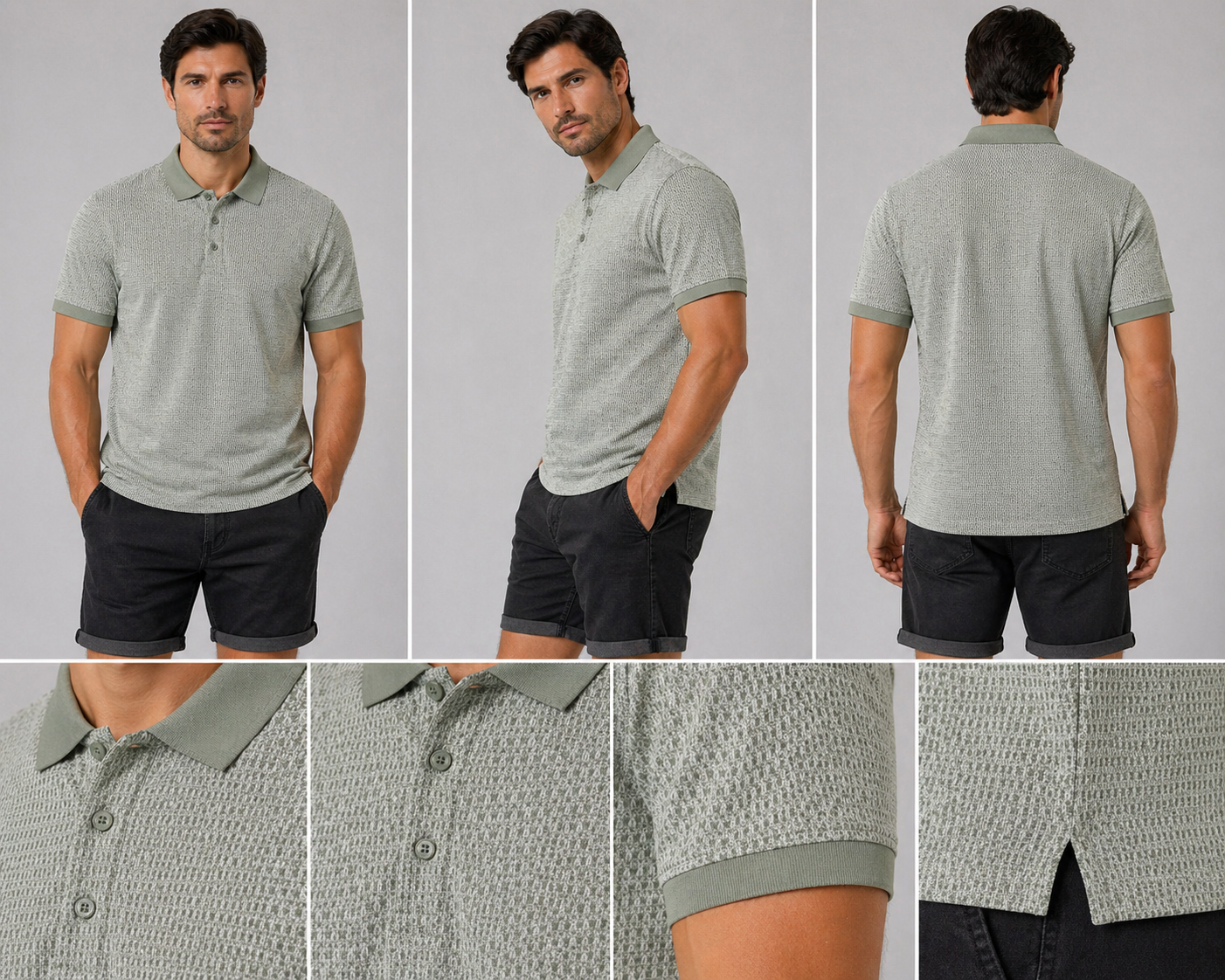 Men’s sage green patterned polo shirt casual fit