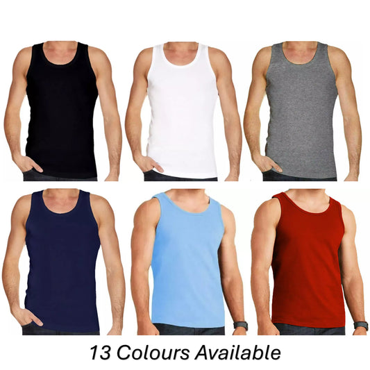 Men's black, white, navy, grey, burgundy sleeveless vest, lightweight breathable cotton tank top for gym, sports and casual wear
