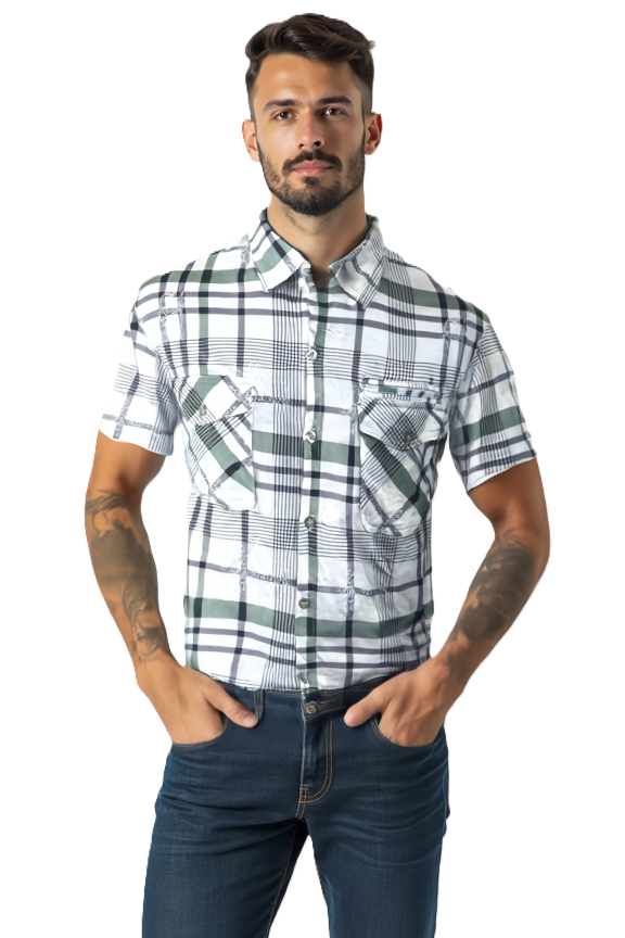 Men's short sleeve check shirt in white and green – button-up casual shirt with chest pockets