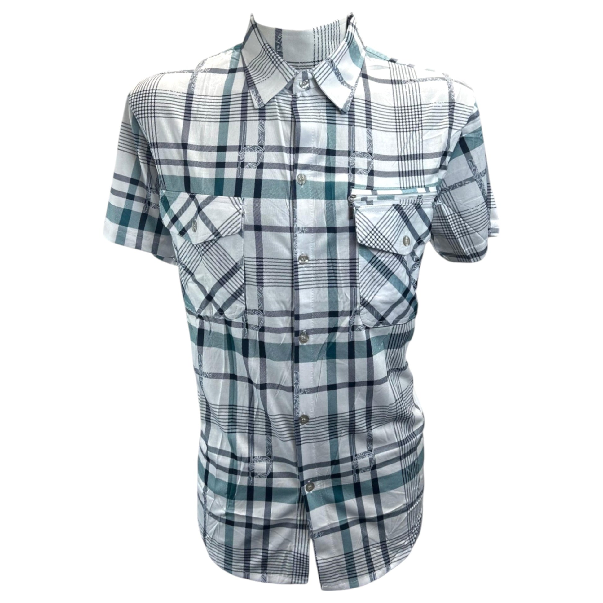 Men's short sleeve check shirt in white and green – button-up casual shirt with chest pockets