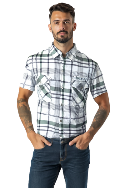 Men’s Check Short Sleeve Shirt – Zip Pocket Design - Ex Store