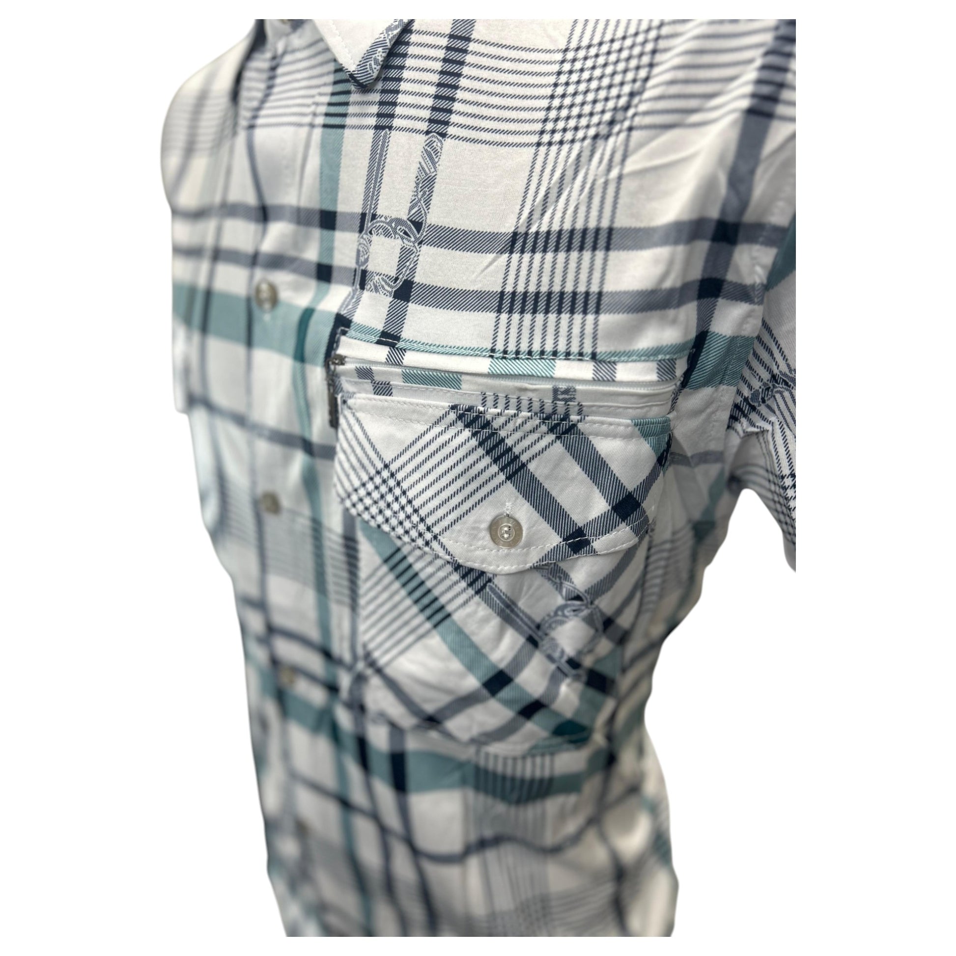 Men's short sleeve check shirt in white and green – button-up casual shirt with chest pockets