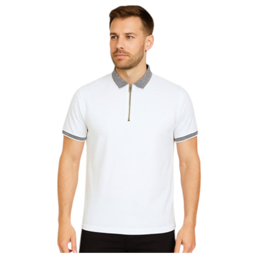 Mens White Zip Neck Polo shirt Top
