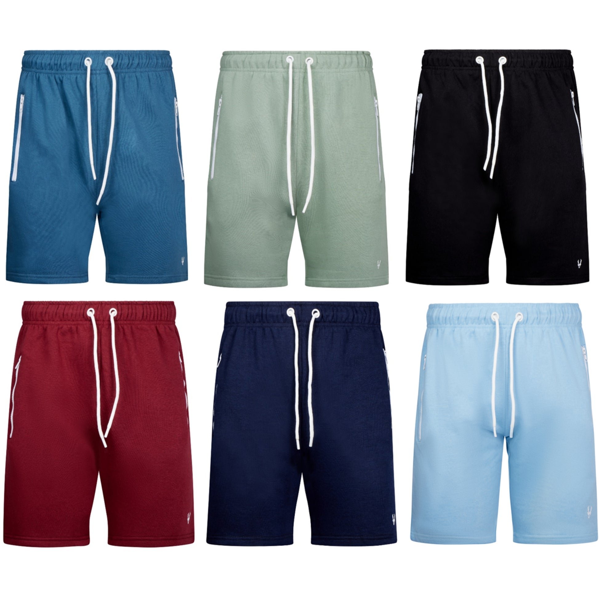 Men's high-quality black, blue, green, navy and red jersey shorts with elastic waistband, white drawstring, and zip pockets – casual athletic summer shorts