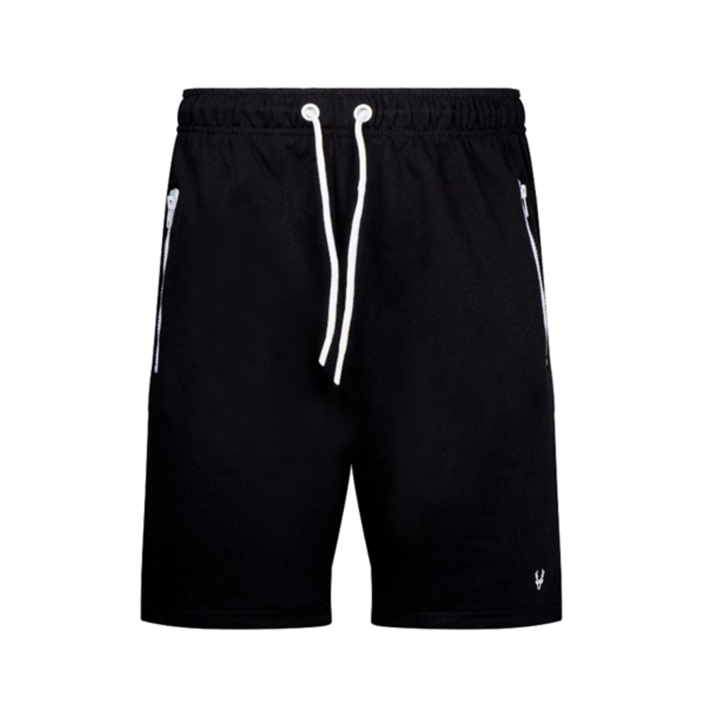 Men's high-quality black jersey shorts with elastic waistband, white drawstring, and zip pockets – casual athletic summer shorts