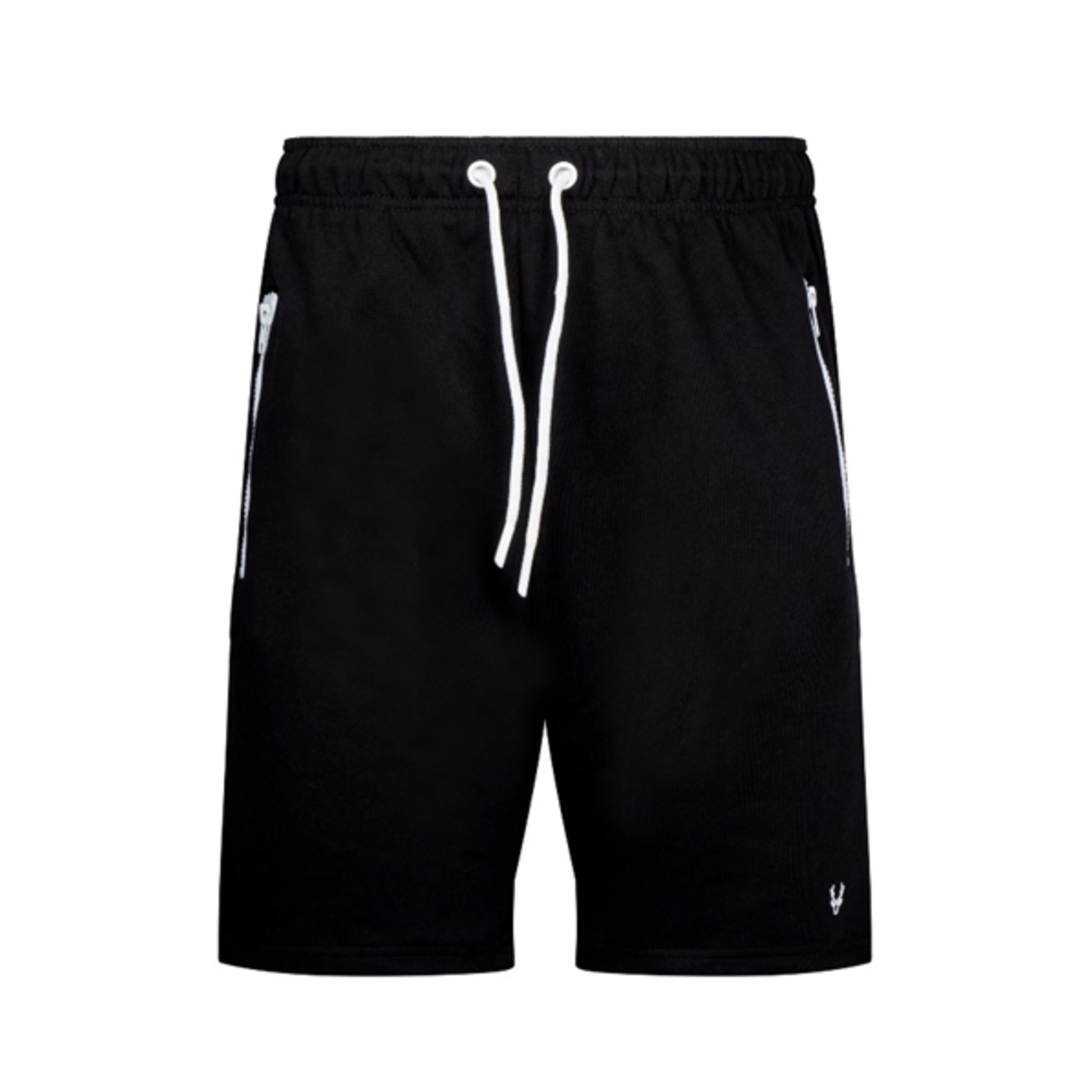 Men's high-quality black jersey shorts with elastic waistband, white drawstring, and zip pockets – casual athletic summer shorts