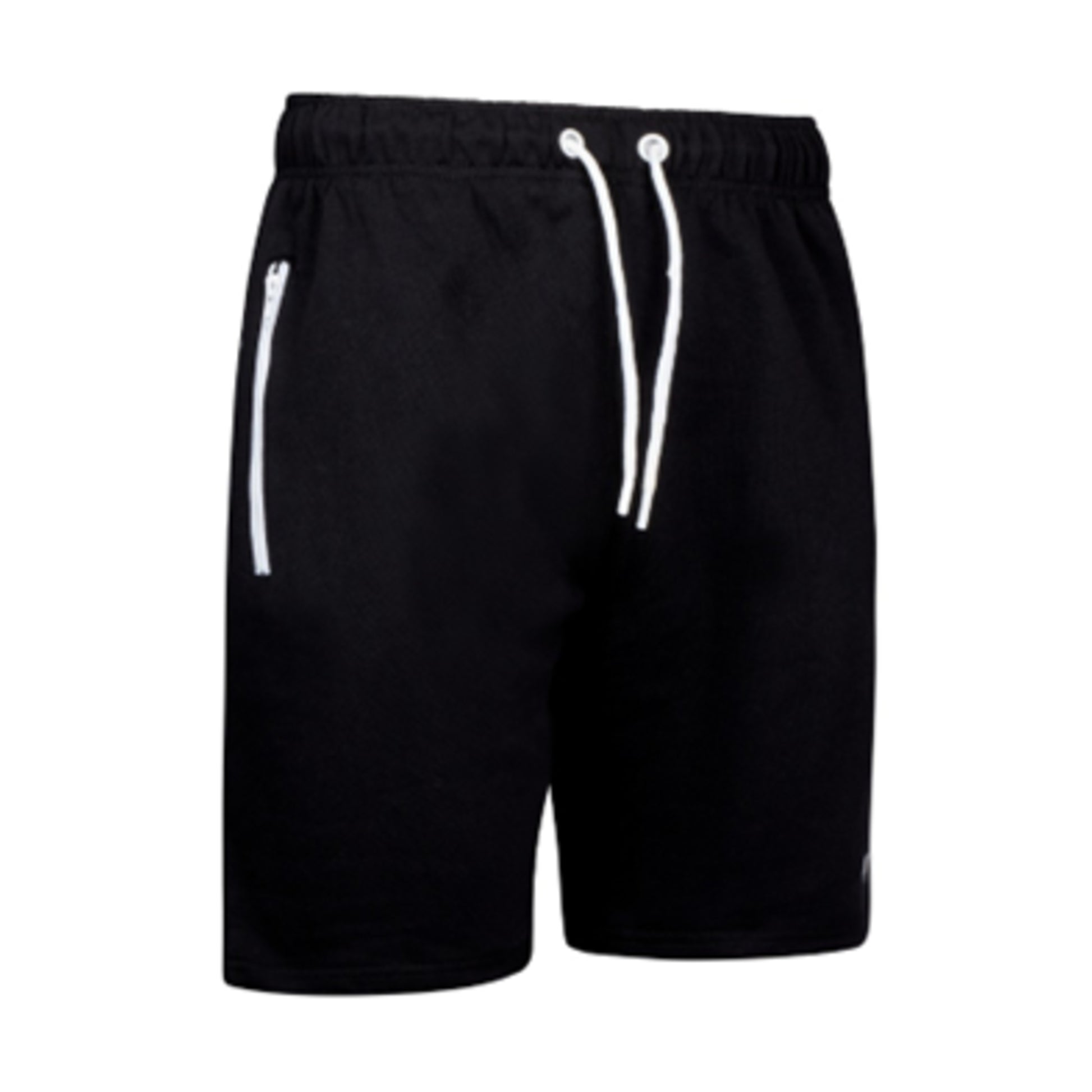 Men's high-quality black jersey shorts with elastic waistband, white drawstring, and zip pockets – casual athletic summer shorts