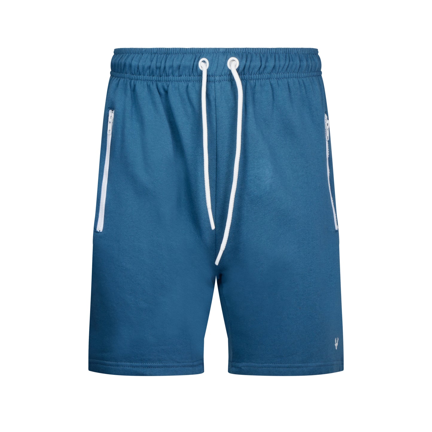 Men's high-quality dragon fly blue jersey shorts with elastic waistband, white drawstring, and zip pockets – casual athletic summer shorts