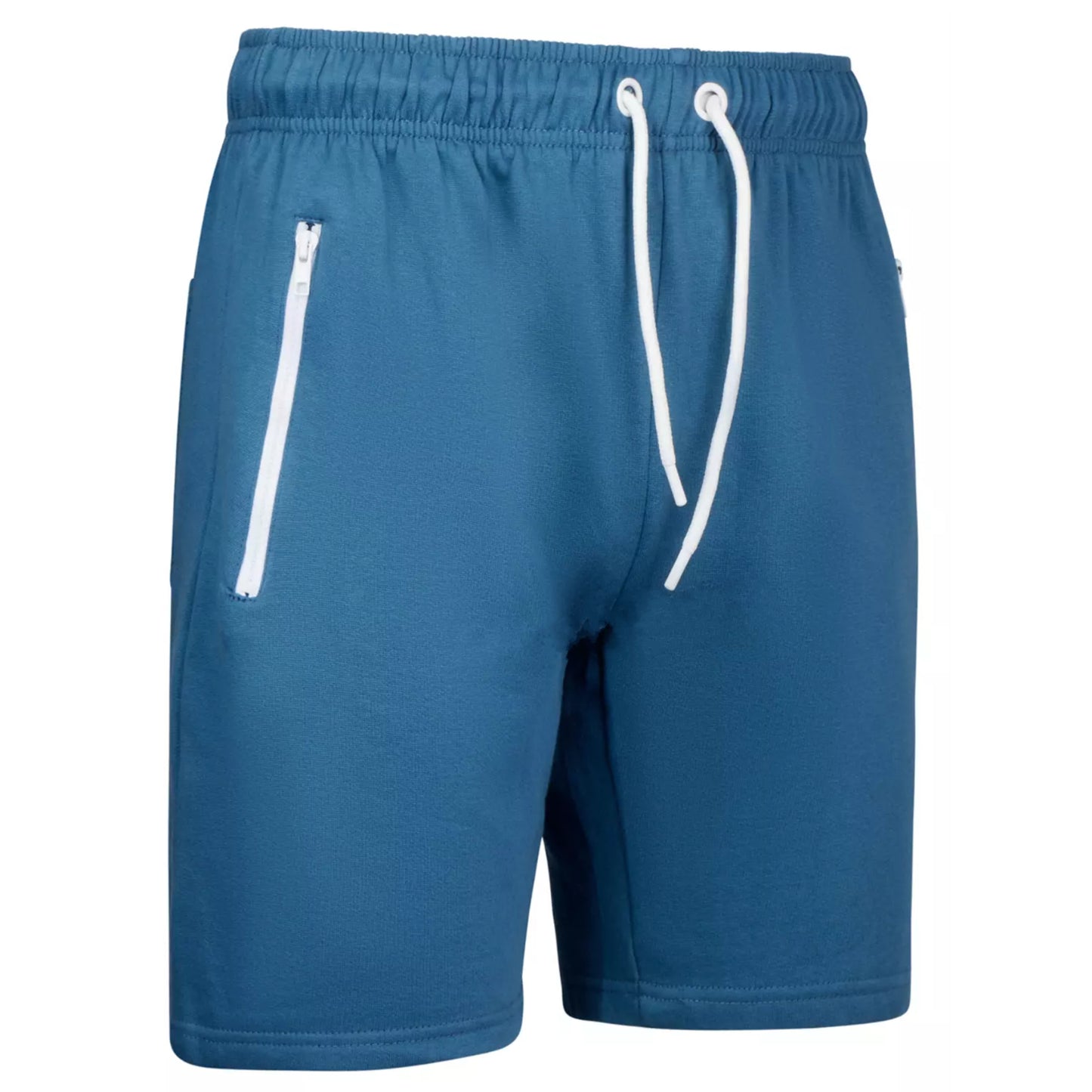 Men's high-quality dragon fly blue jersey shorts with elastic waistband, white drawstring, and zip pockets – casual athletic summer shorts