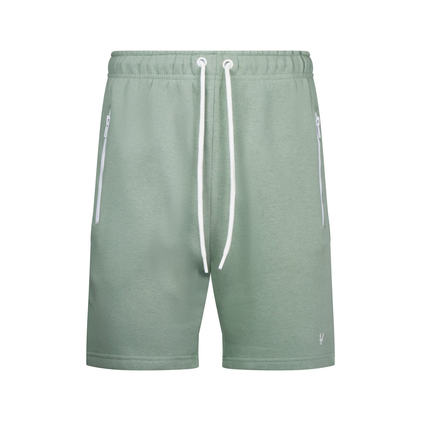 Men's high-quality lilypad green jersey shorts with elastic waistband, white drawstring, and zip pockets – casual athletic summer shorts