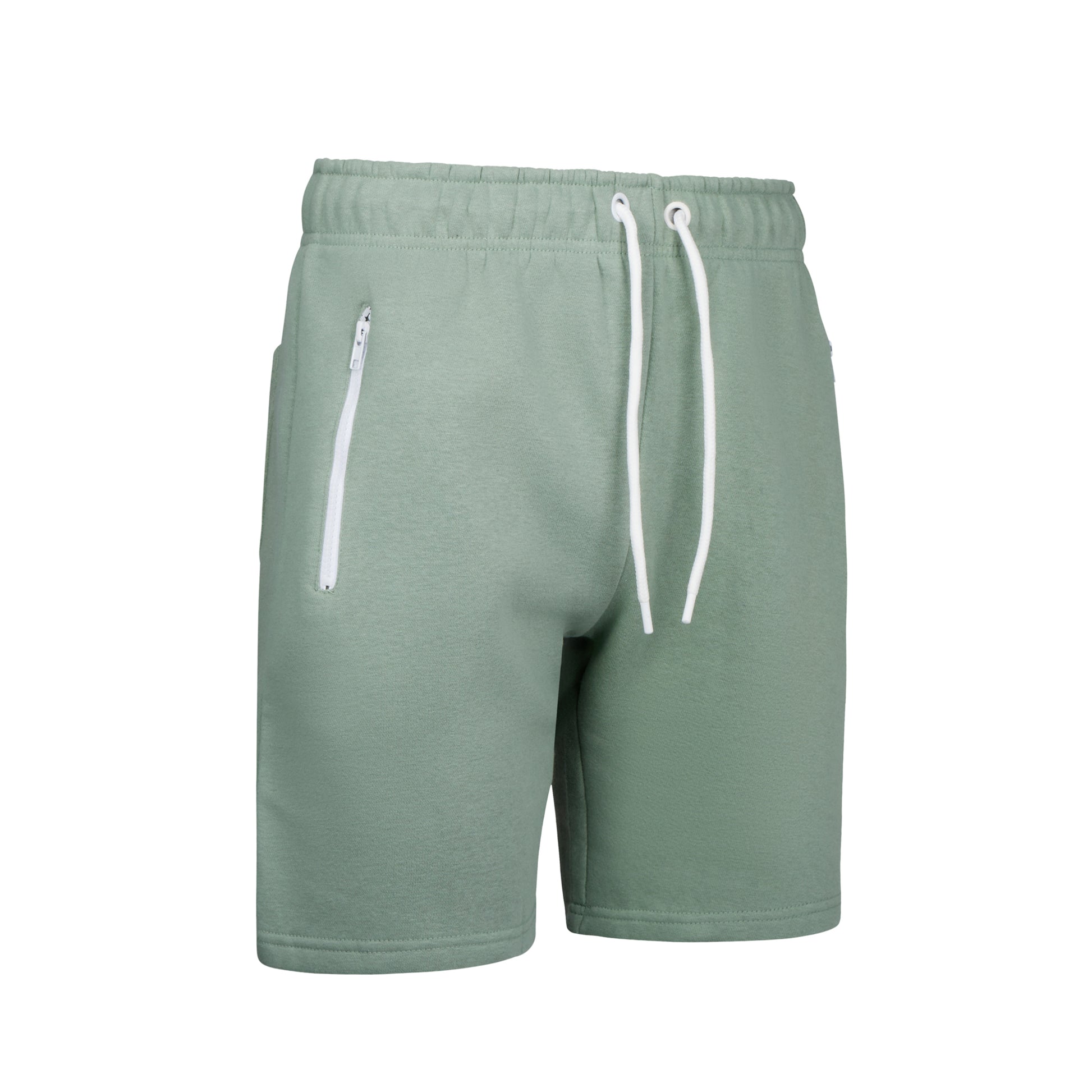 Men's high-quality lilypad green jersey shorts with elastic waistband, white drawstring, and zip pockets – casual athletic summer shorts