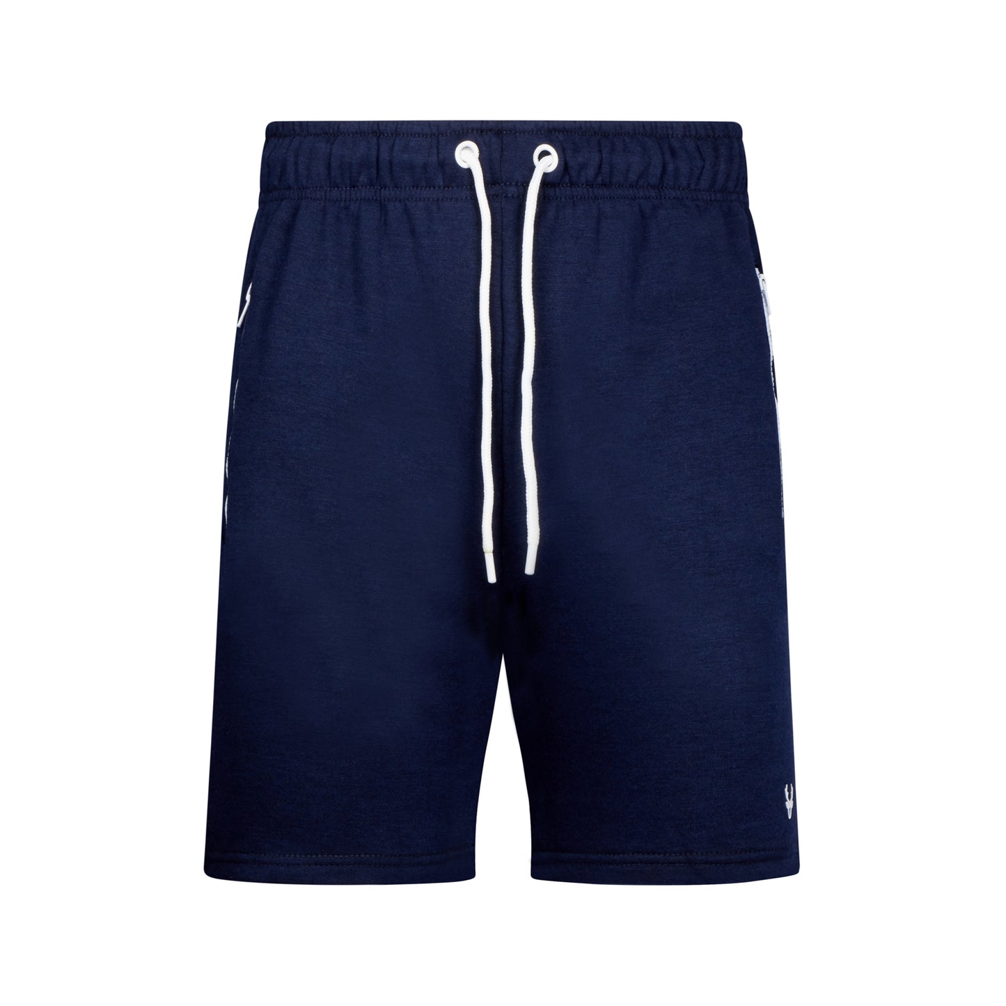 Men's high-quality navy jersey shorts with elastic waistband, white drawstring, and zip pockets – casual athletic summer shorts