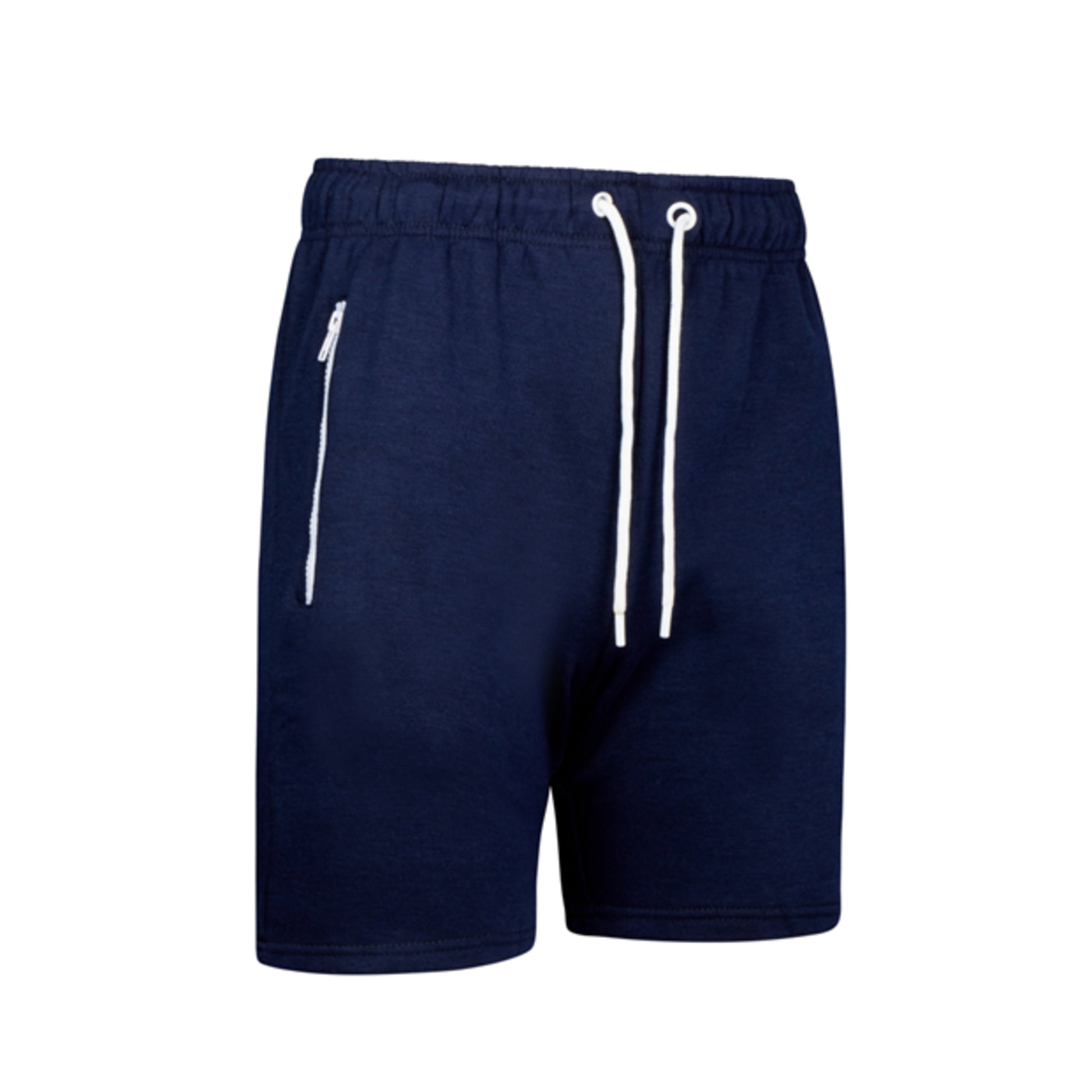 Men's high-quality navy jersey shorts with elastic waistband, white drawstring, and zip pockets – casual athletic summer shorts