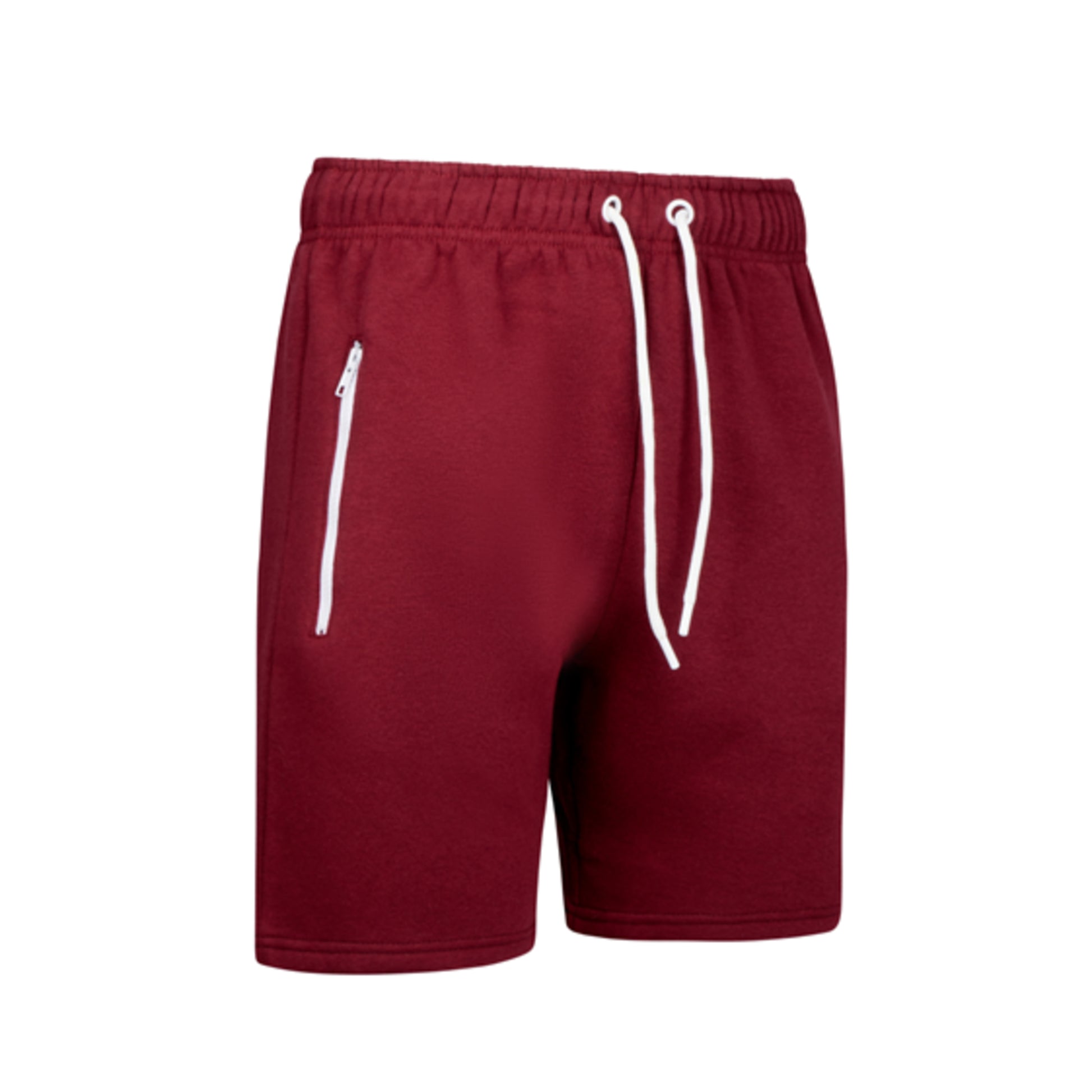 Men's high-quality maroon red jersey shorts with elastic waistband, white drawstring, and zip pockets – casual athletic summer shorts