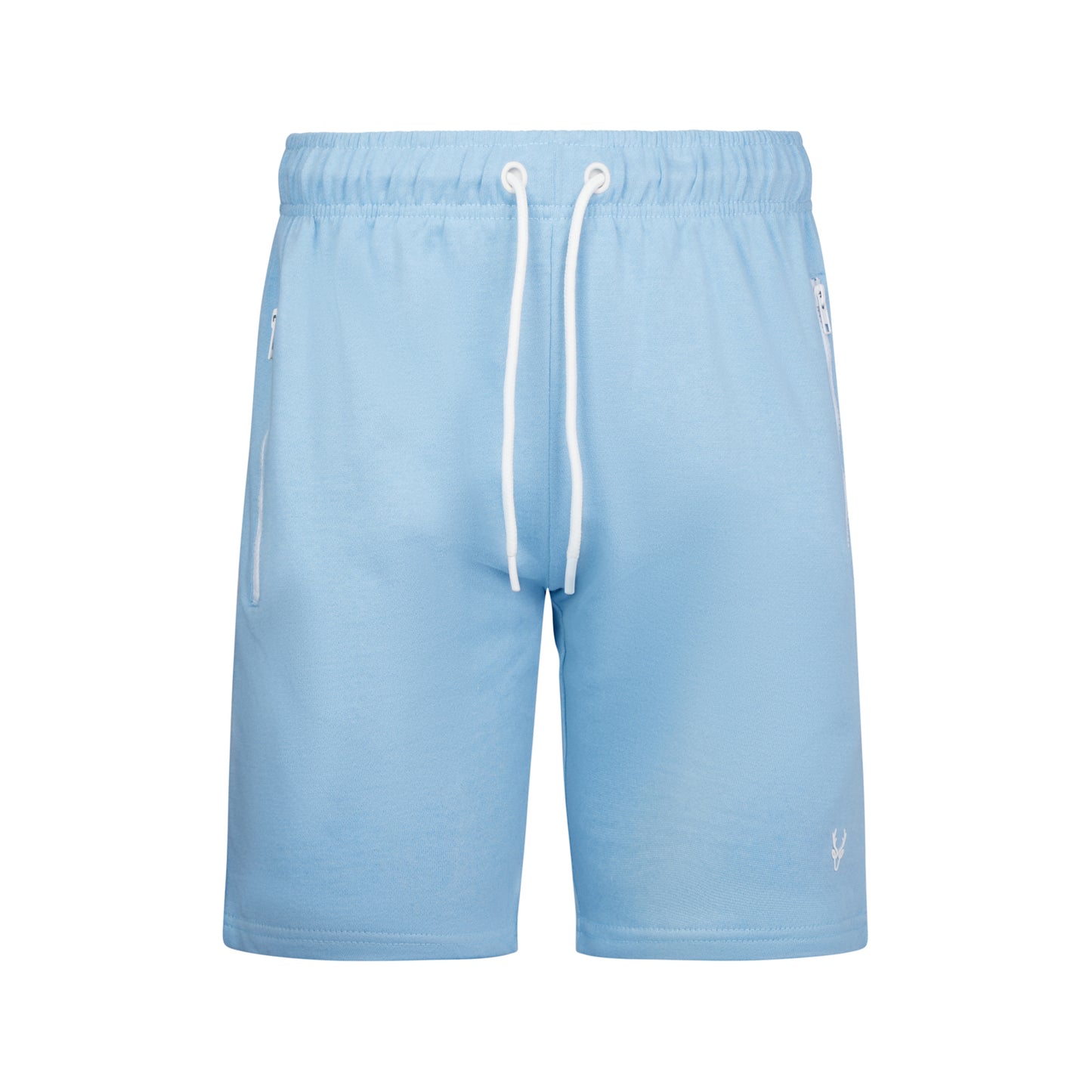 Men's high-quality sky blue jersey shorts with elastic waistband, white drawstring, and zip pockets – casual athletic summer shorts