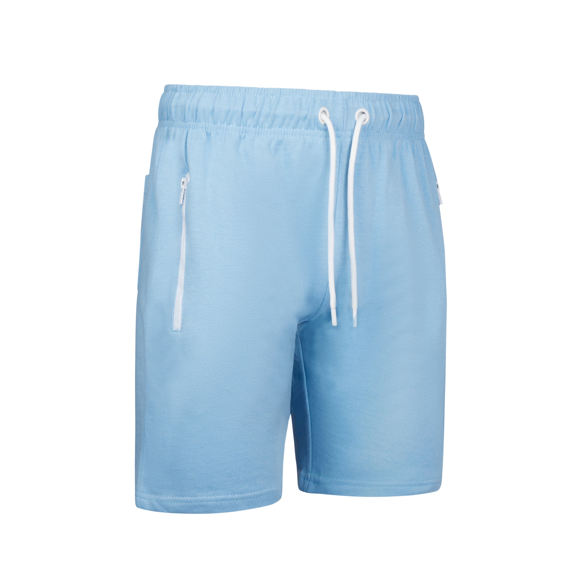 Men's high-quality sky blue jersey shorts with elastic waistband, white drawstring, and zip pockets – casual athletic summer shorts