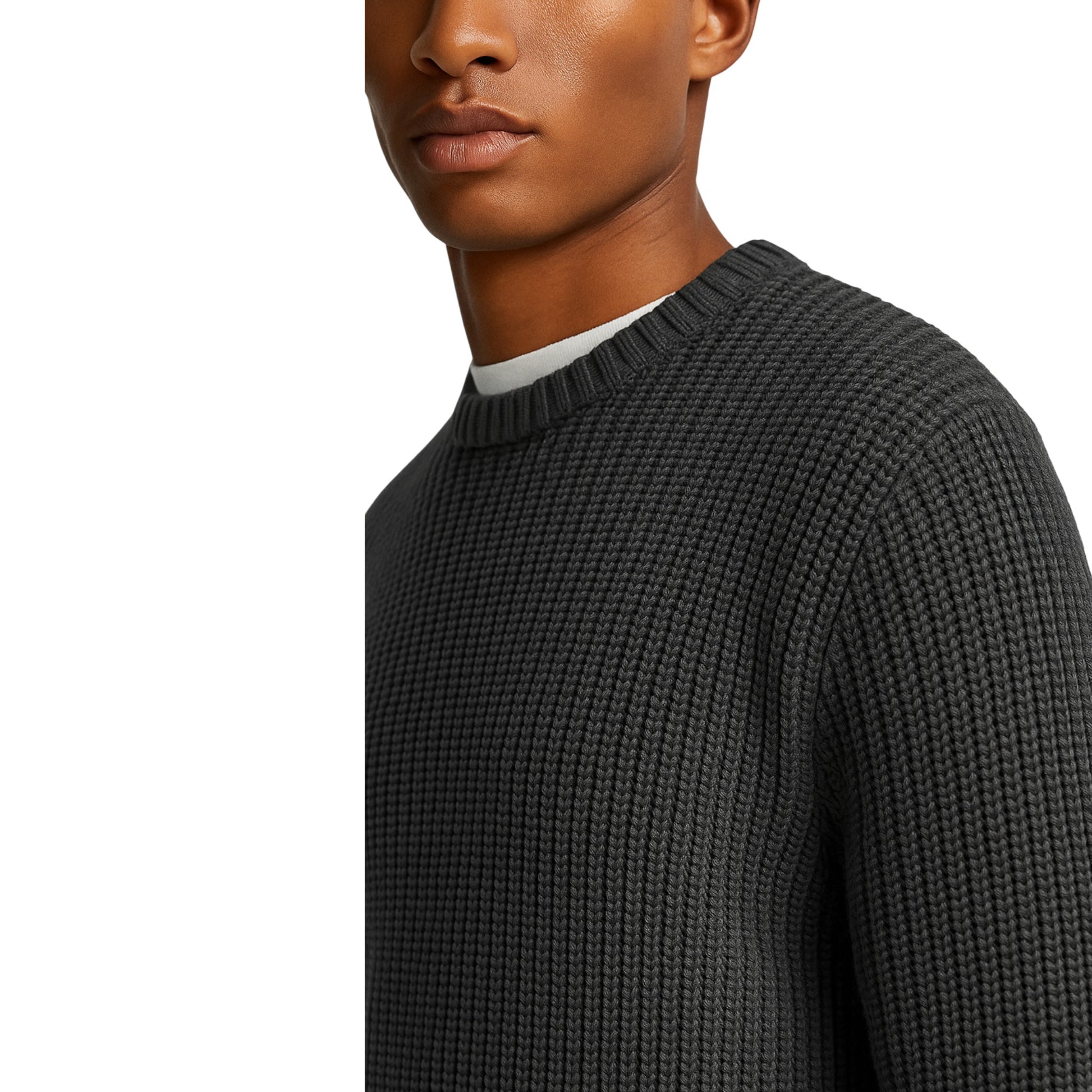 Men’s Heavyweight Chunky Knit Jumper – Ash Textured Crew Neck Sweater Ex Zara Store
