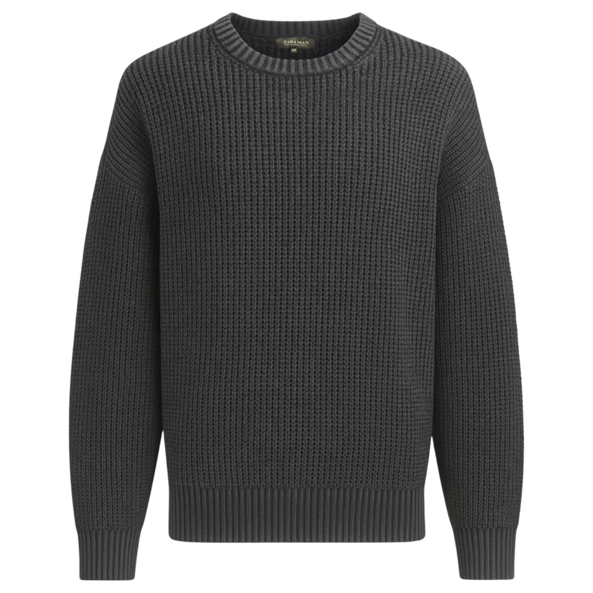 Men’s Heavyweight Chunky Knit Jumper – Ash Textured Crew Neck Sweater Ex Zara Store