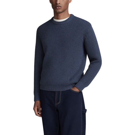 Men’s Heavyweight Chunky Knit Jumper – Navy Textured Crew Neck Sweater Ex Zara Store