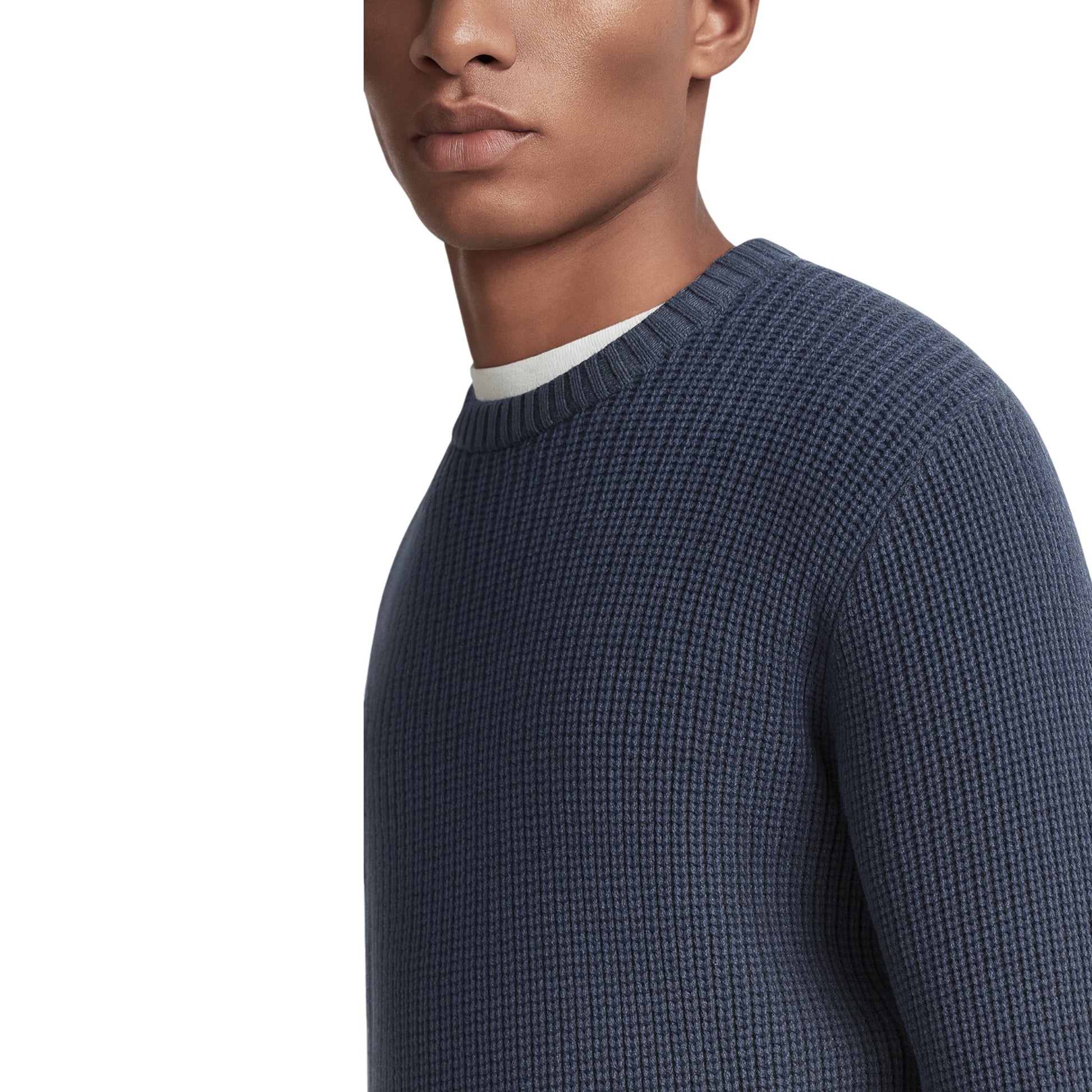Men’s Heavyweight Chunky Knit Jumper – Navy Textured Crew Neck Sweater Ex Zara Store