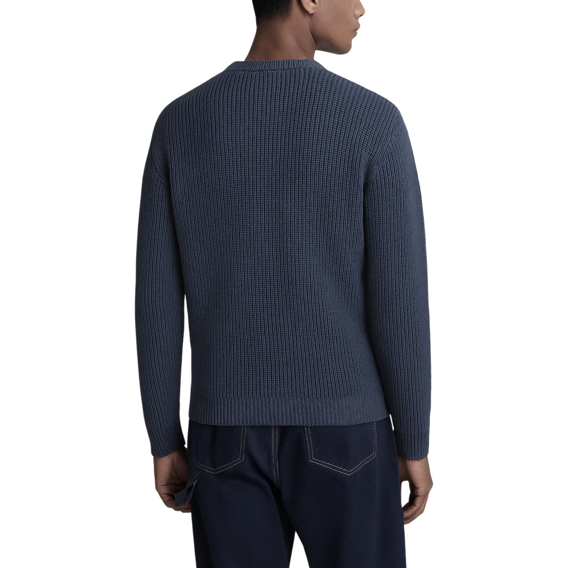 Men’s Heavyweight Chunky Knit Jumper – Navy Textured Crew Neck Sweater Ex Zara Store