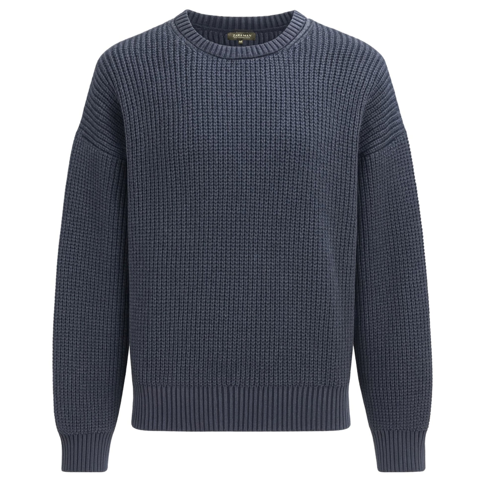 Men’s Heavyweight Chunky Knit Jumper – Navy Textured Crew Neck Sweater Ex Zara Store