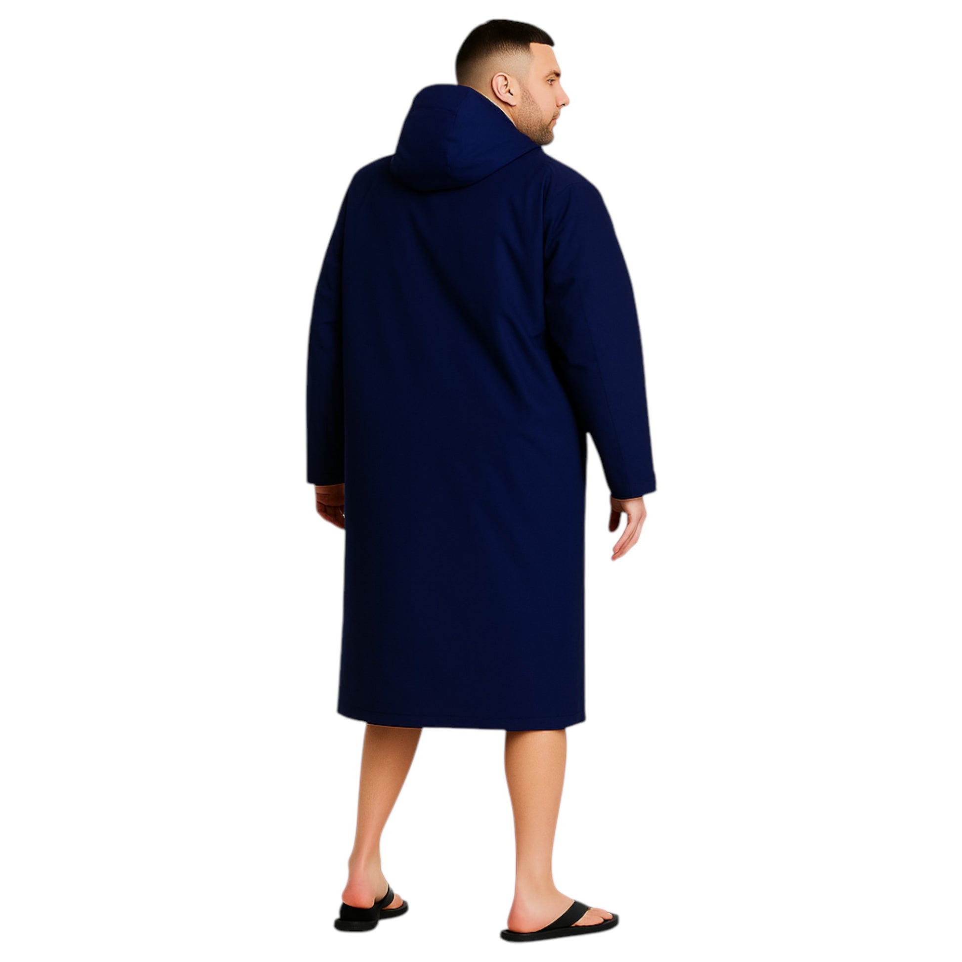 Adult black waterproof changing robe with hood, front zip, and long sleeves