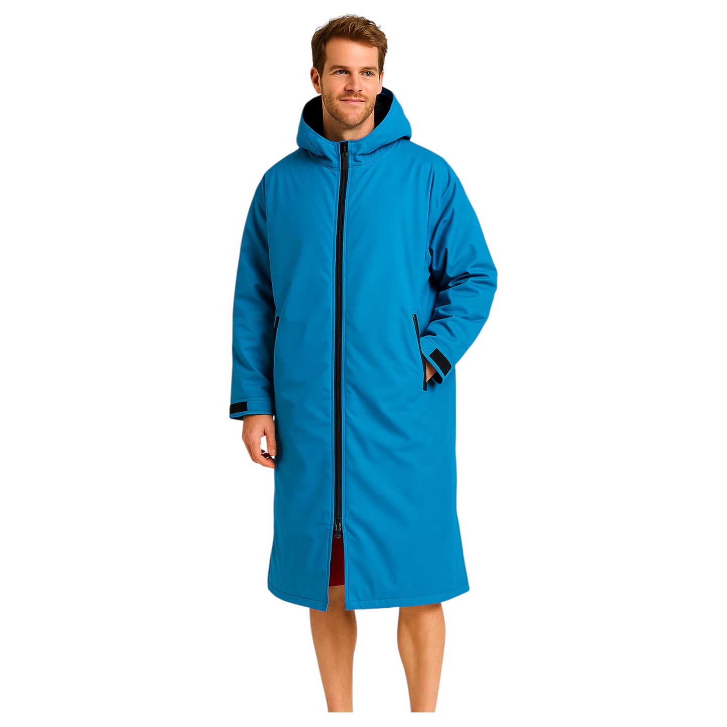Adult turquoise blue waterproof changing robe with hood, front zip, and long sleeves