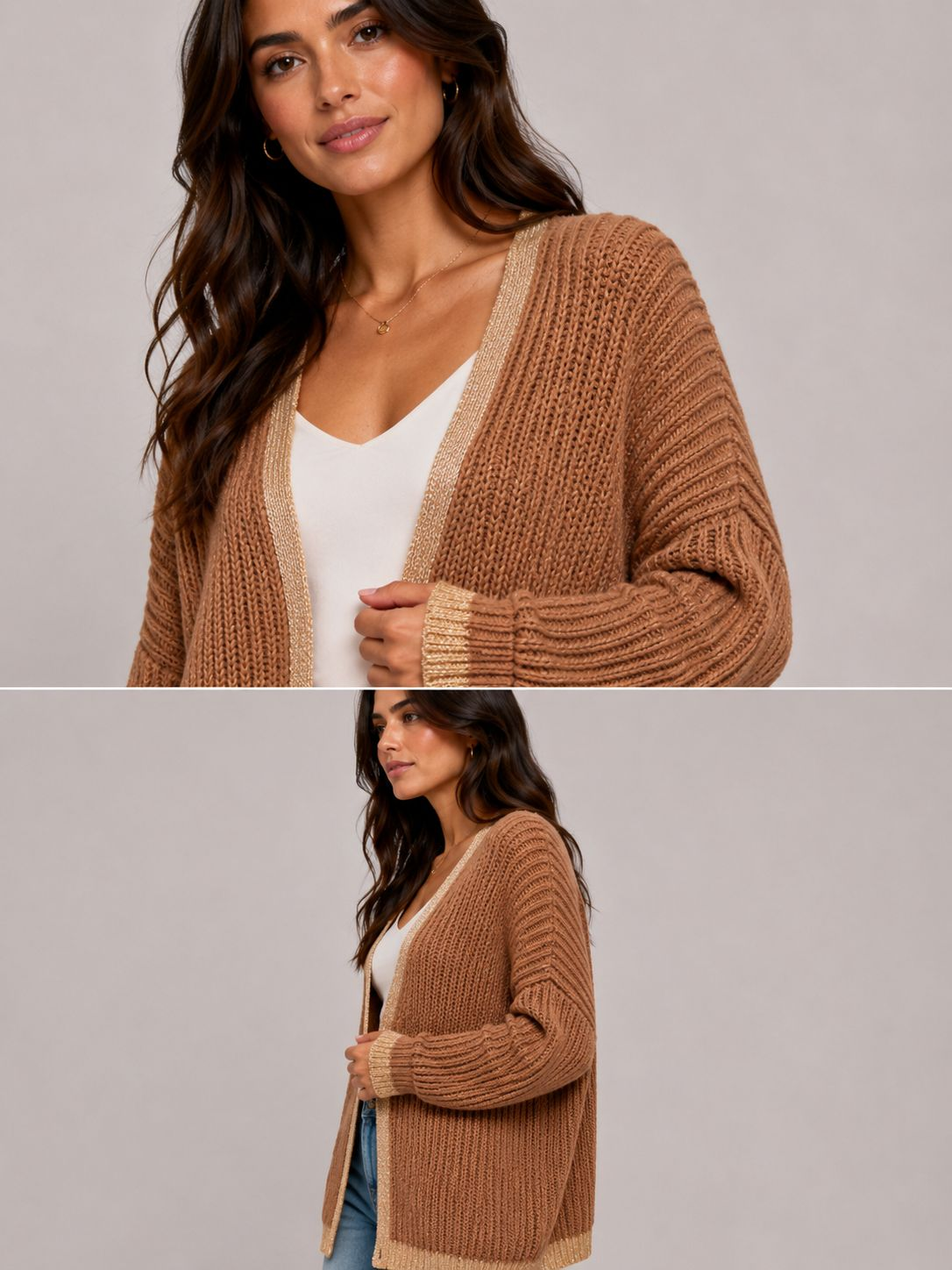 Ladies Italian edge to edge knitted cardigan in mocha with gold trim, soft ribbed knit open front cardigan for women, stylish lightweight layering knitwear.