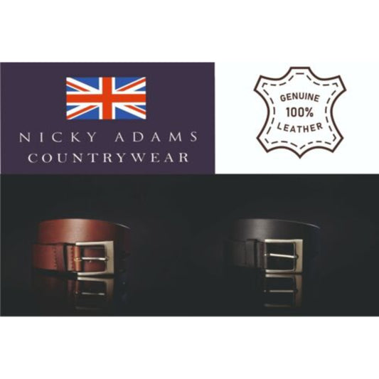 Men's Nicky Adams genuine full grain leather belt in black or brown with silver buckle