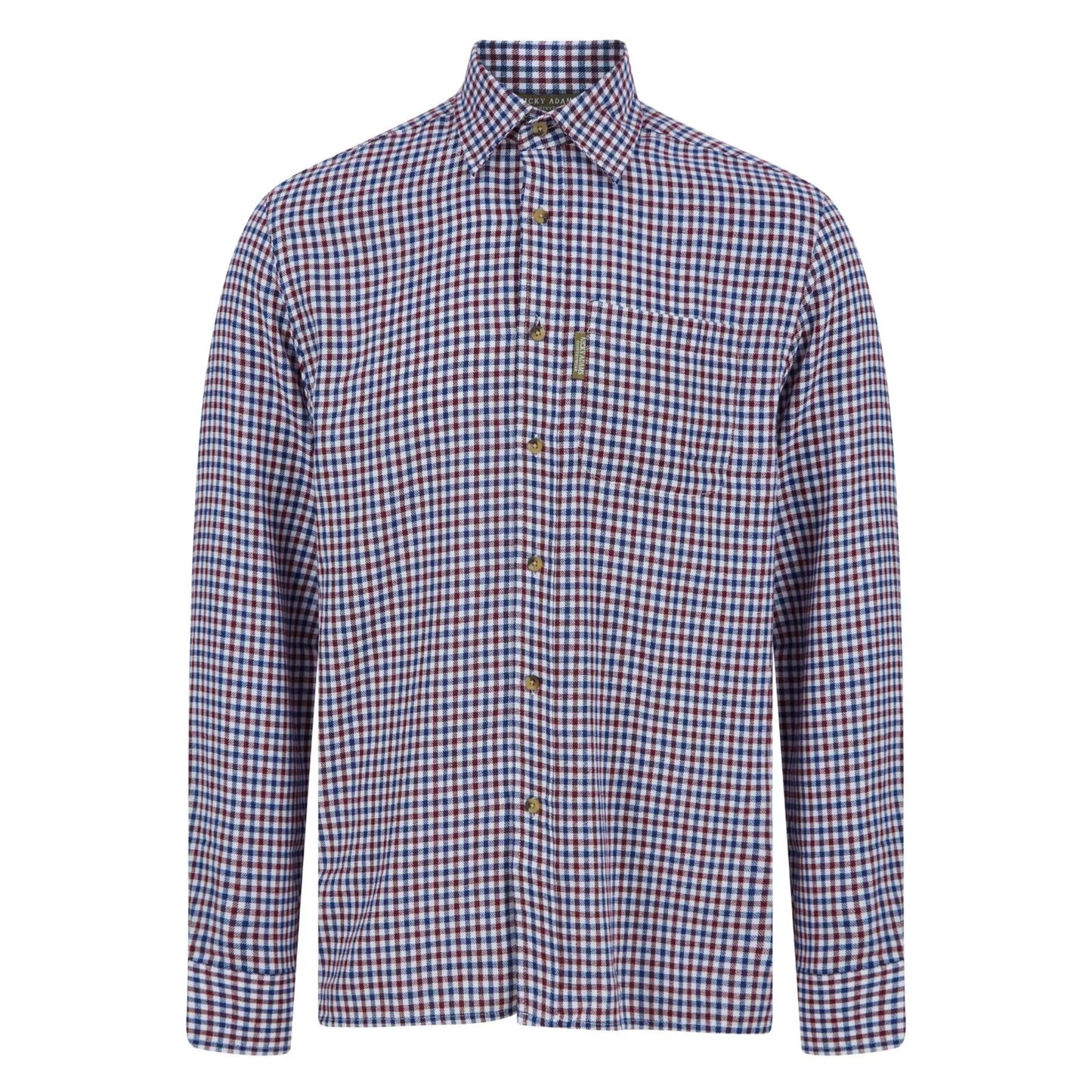 Men's Nicky Adams Tattersall check shirt in burgundy and blue with long sleeves, button-up front, and chest pocket