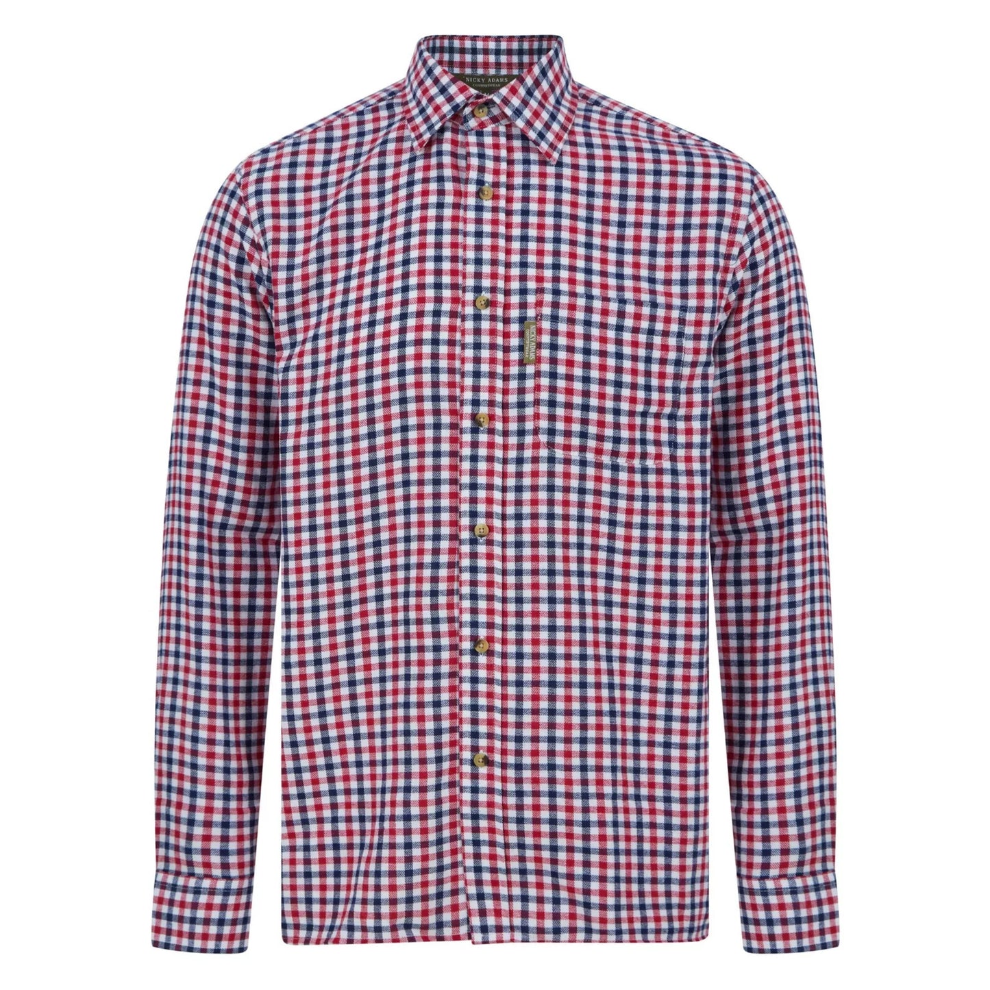 Men's Nicky Adams Tattersall check shirt in red, white, and navy with long sleeves, button-up front, and chest pocket
