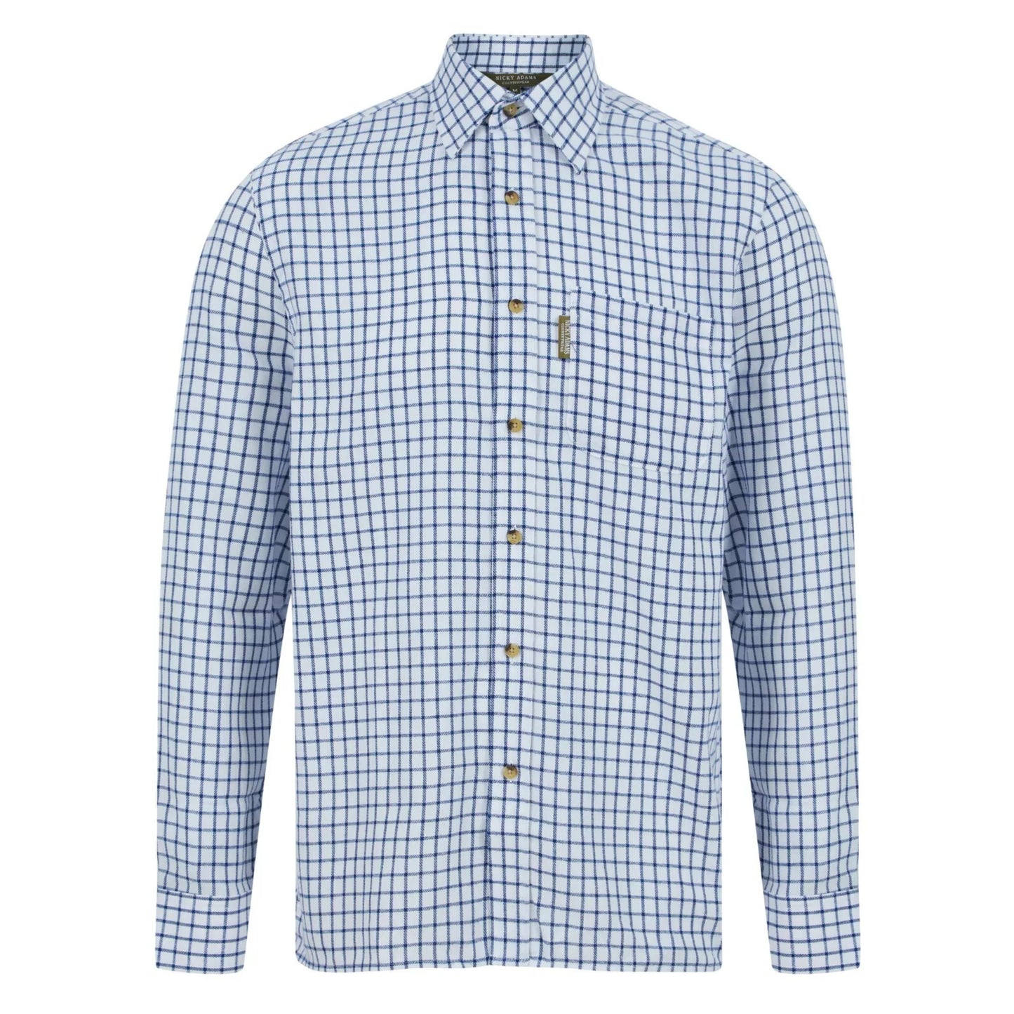 Men's Nicky Adams Tattersall check shirt in white and navy blue with long sleeves, button-up front, and chest pocket