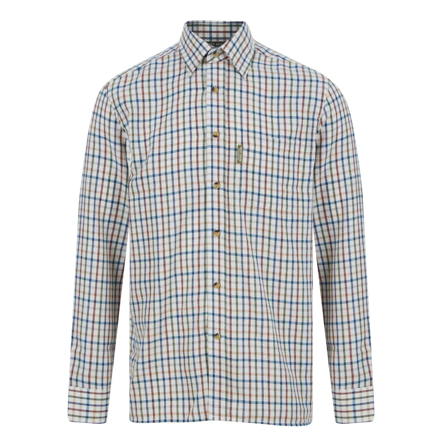 Men's Nicky Adams Tattersall check shirt in red, white, and navy with long sleeves, button-up front, and chest pocket