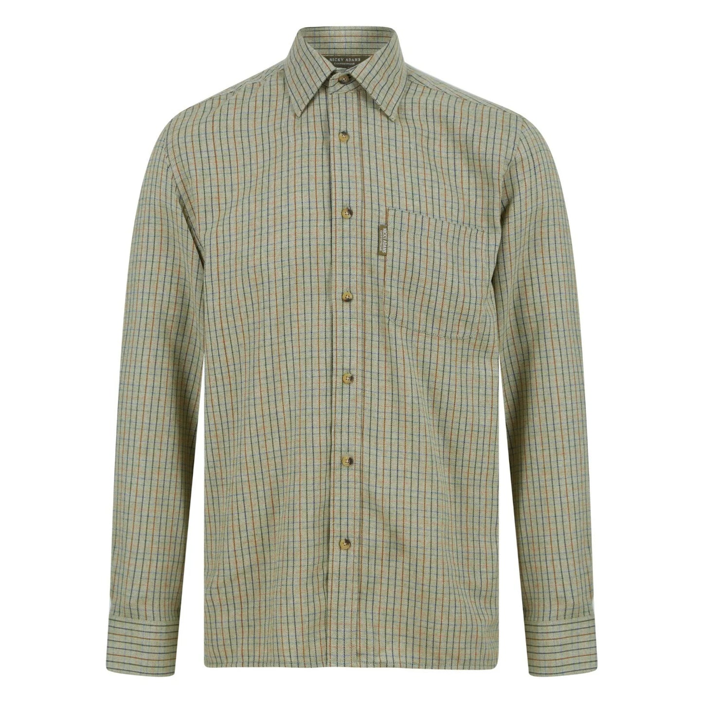Men's Nicky Adams Tattersall check shirt in dark khaki green, red and blue with long sleeves, button-up front, and chest pocket