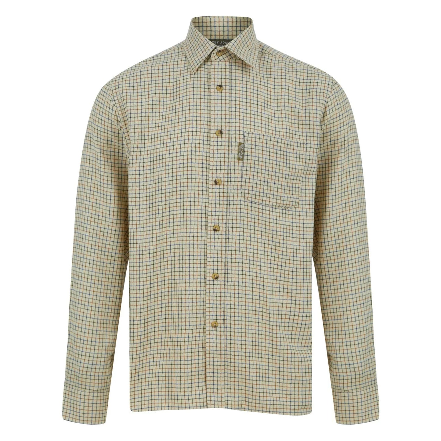 Men's Nicky Adams Tattersall check shirt in light khaki green, red and blue with long sleeves, button-up front, and chest pocket