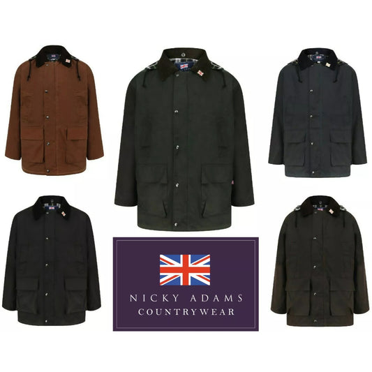 Men's Nicky Adams classic wax jacket in brown, black, green, navy and sand with corduroy collar, front pockets and water-resistant finish