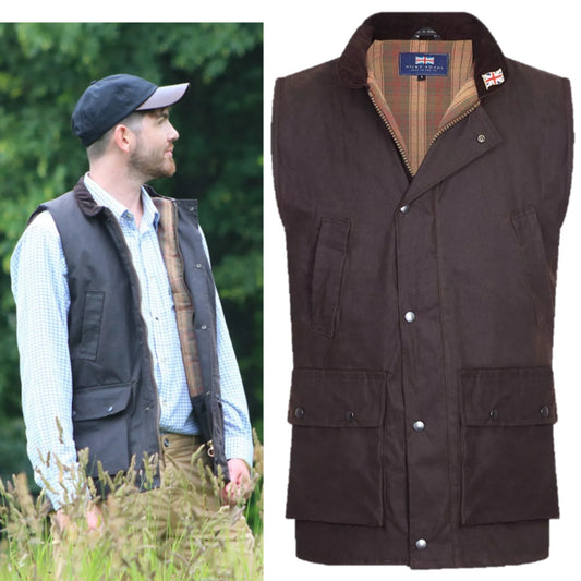 Men's Nicky Adams branded brown waterproof wax waistcoat with multiple pockets and tartan lining