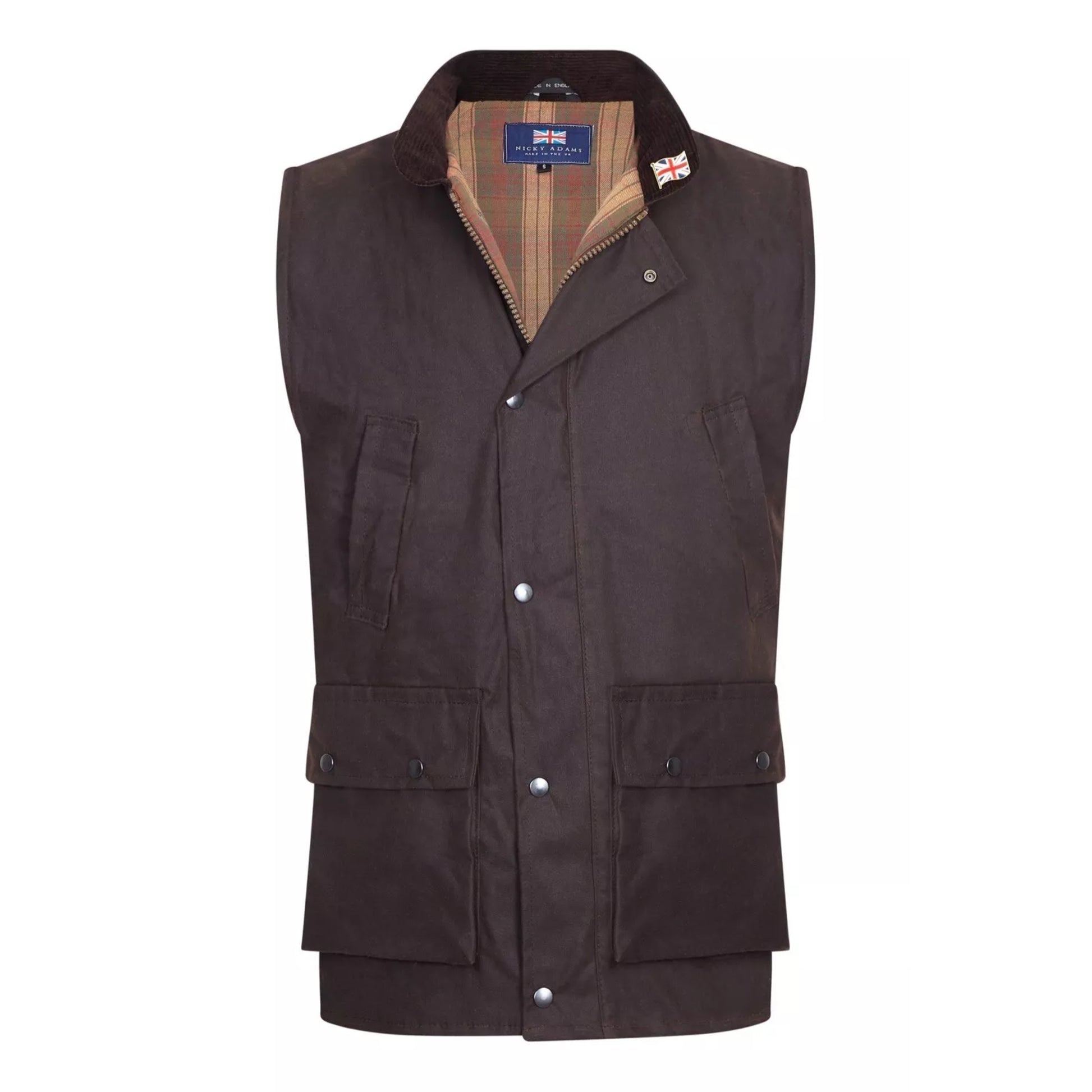 Men's Nicky Adams branded brown waterproof wax waistcoat with multiple pockets and tartan lining