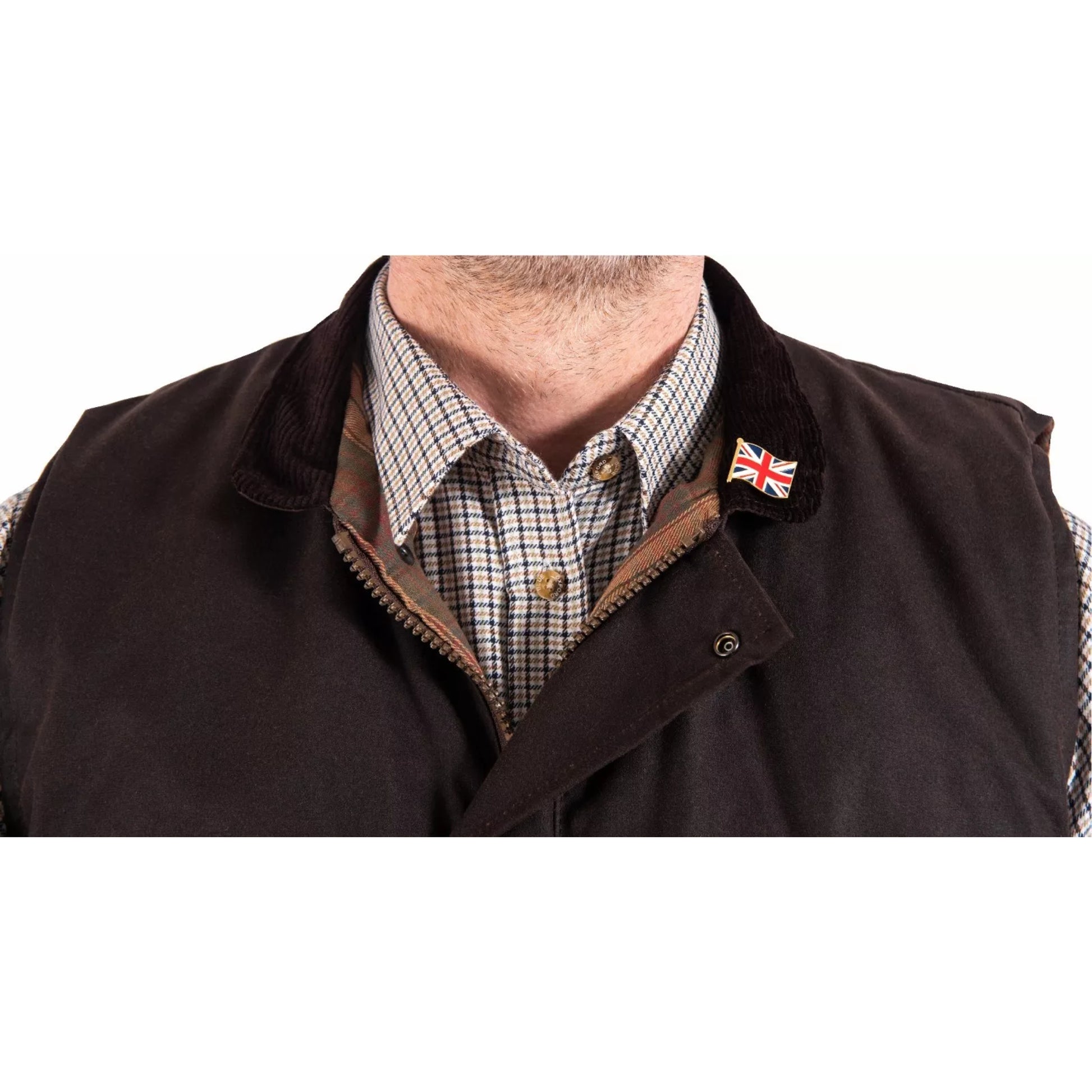 Men's Nicky Adams branded brown waterproof wax waistcoat with multiple pockets and tartan lining