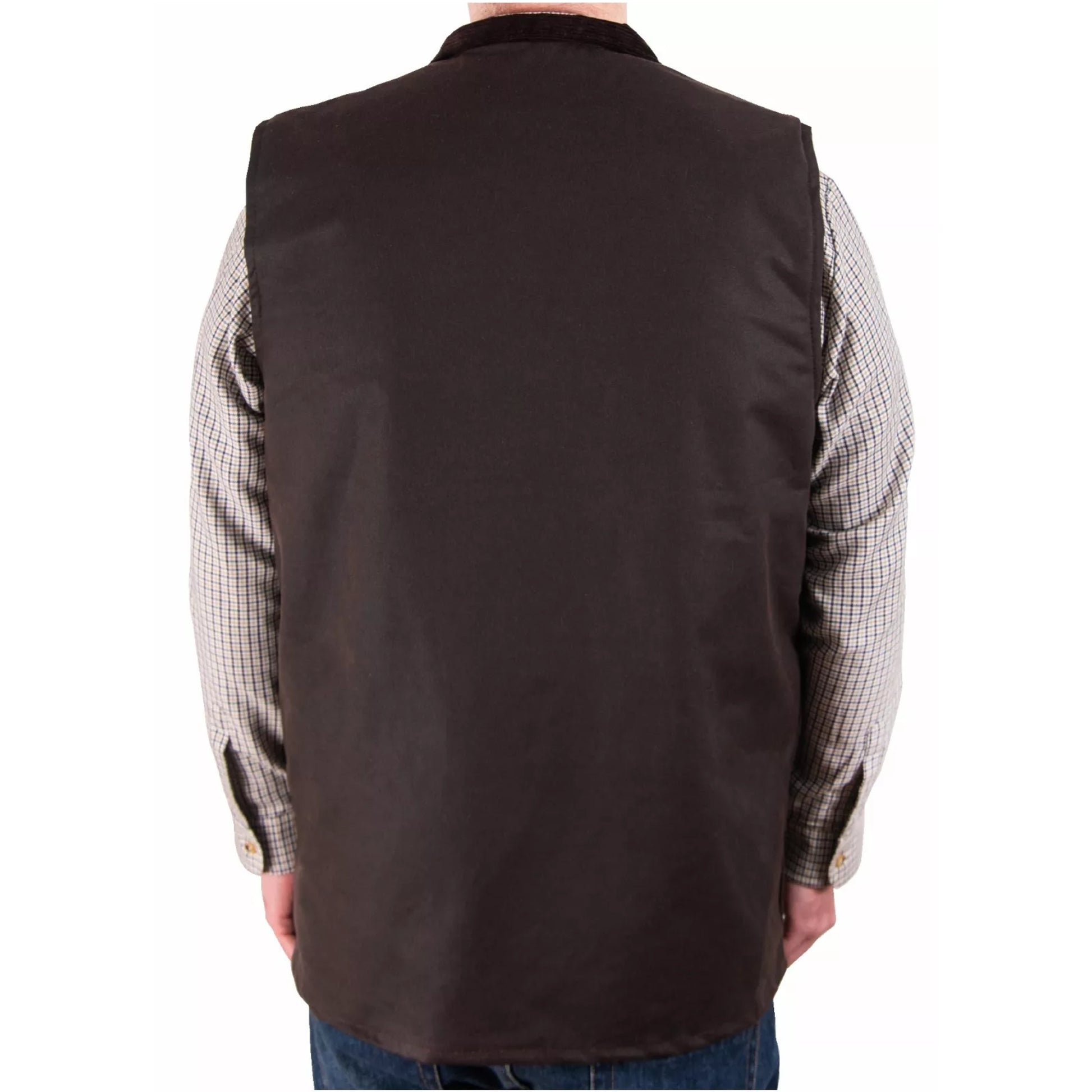 Men's Nicky Adams branded brown waterproof wax waistcoat with multiple pockets and tartan lining