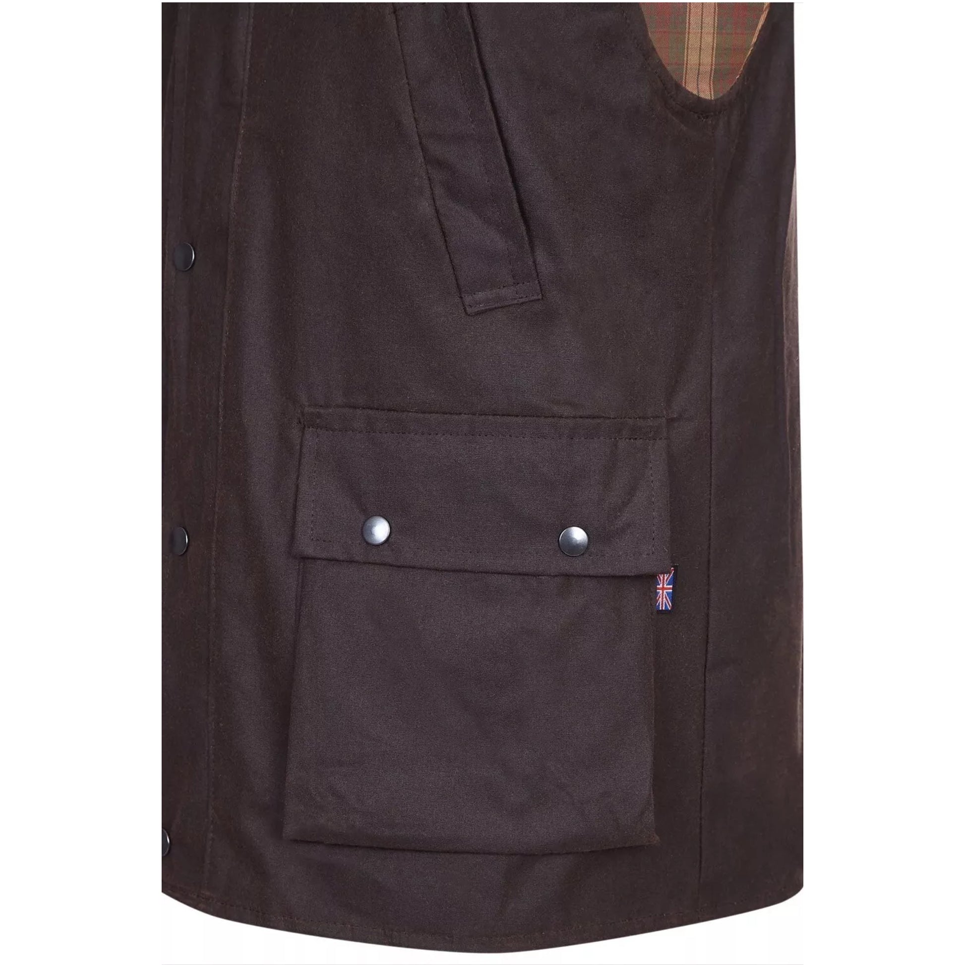 Men's Nicky Adams branded brown waterproof wax waistcoat with multiple pockets and tartan lining