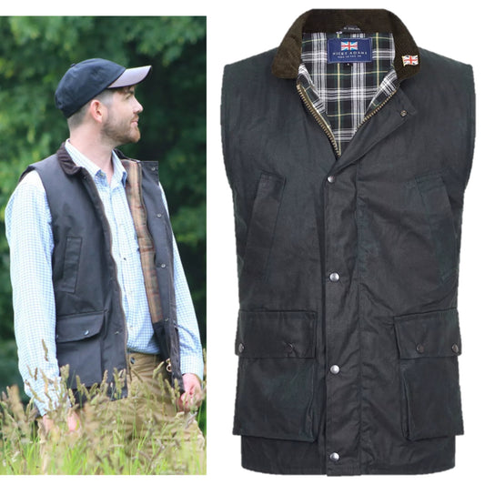 Men's Nicky Adams branded green waterproof wax waistcoat with multiple pockets and tartan lining