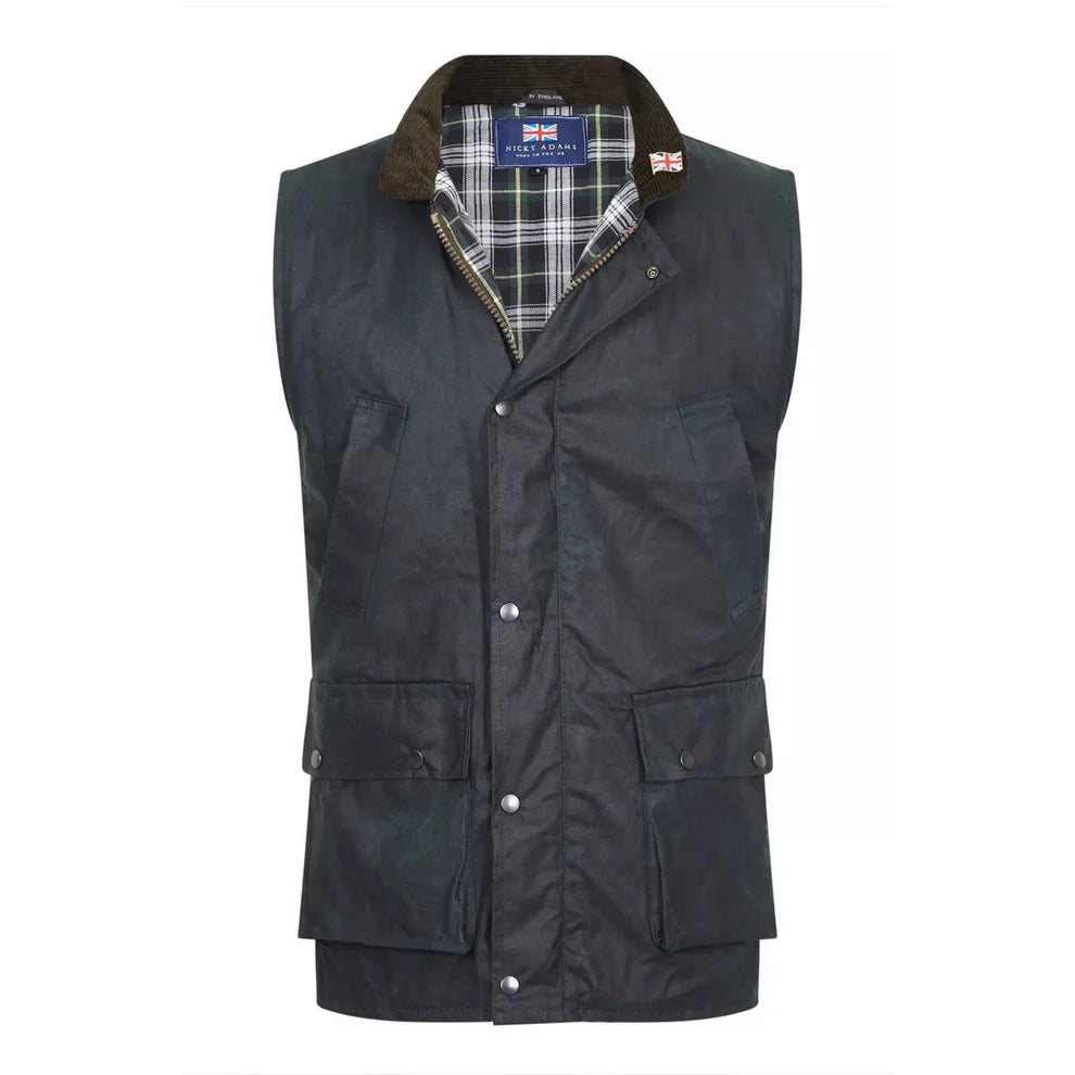 Shop the Nicky Adams Men’s Wax Waistcoat, a classic country gilet with durable waxed cotton, corduroy collar, tartan lining, and practical pockets. Ideal for outdoor wear, shooting, farming, and country walks.