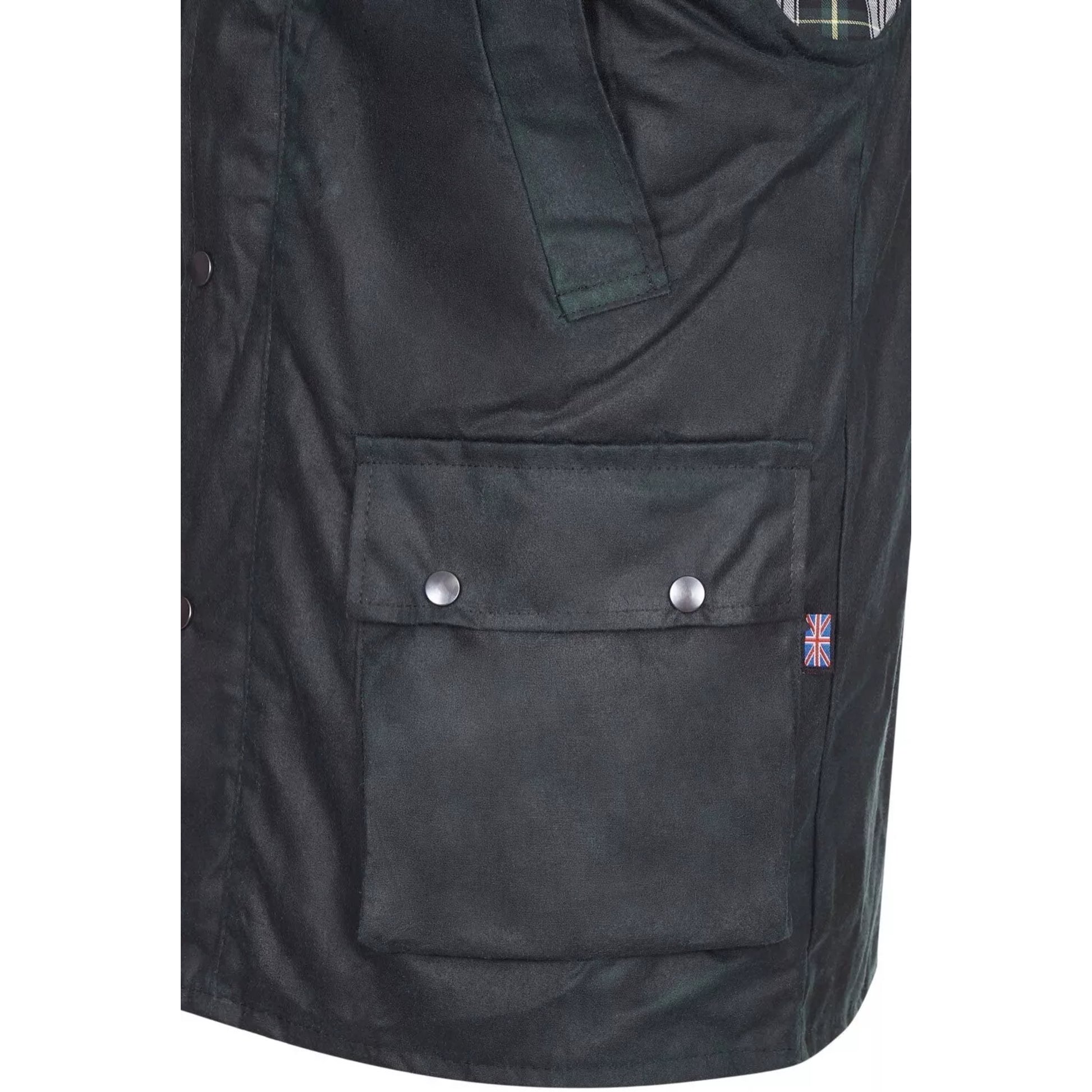 Men's Nicky Adams branded green waterproof wax waistcoat with multiple pockets and tartan lining