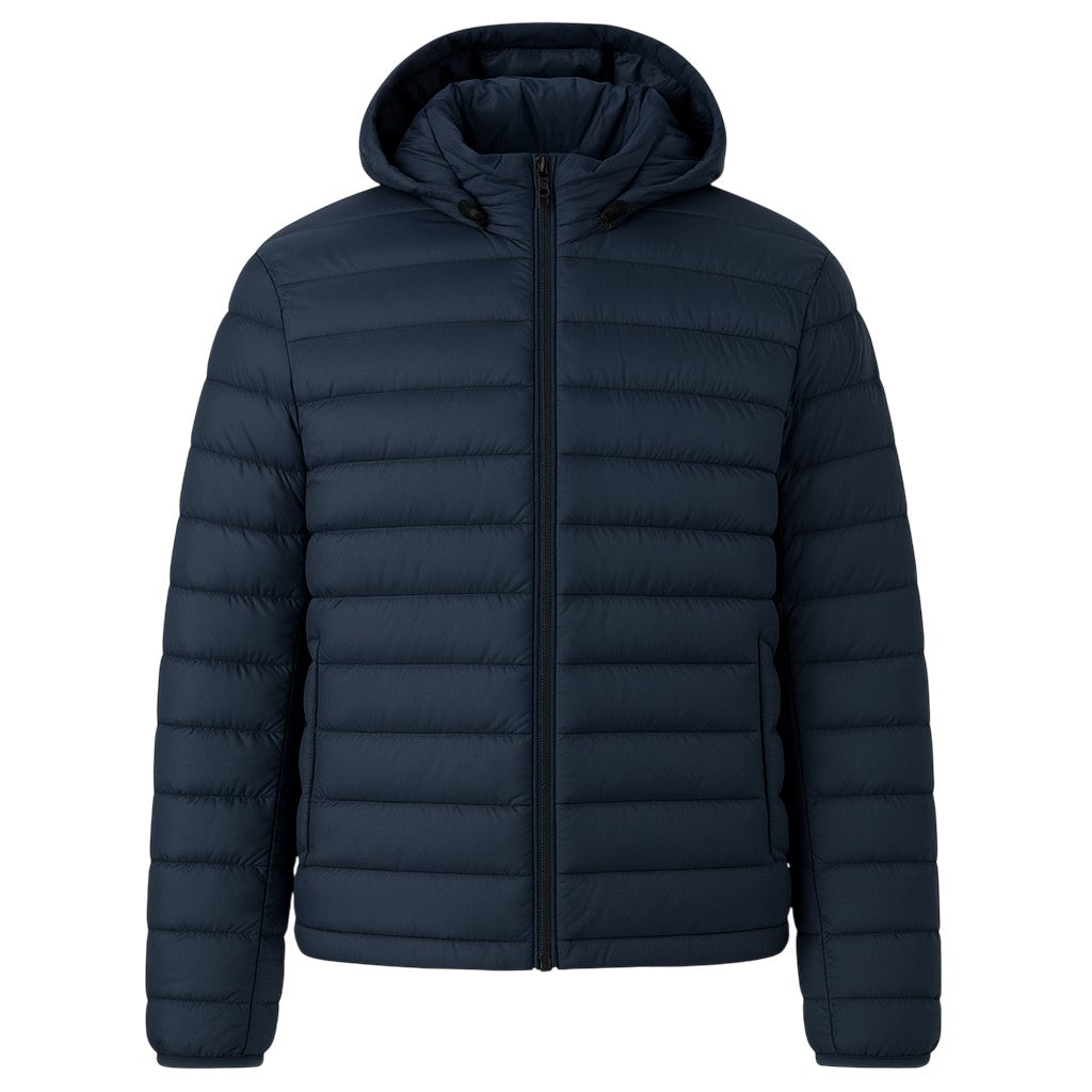 JDN men’s navy puffer coat with detachable hood and zip pockets UK winter jacket