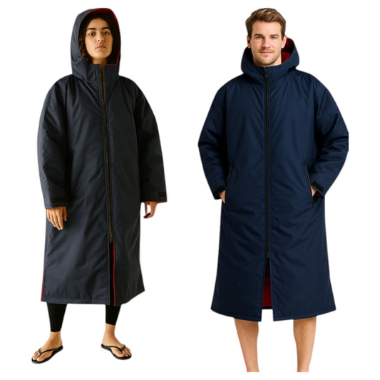 Adult navy waterproof changing robe with hood, front zip, and long sleeves
