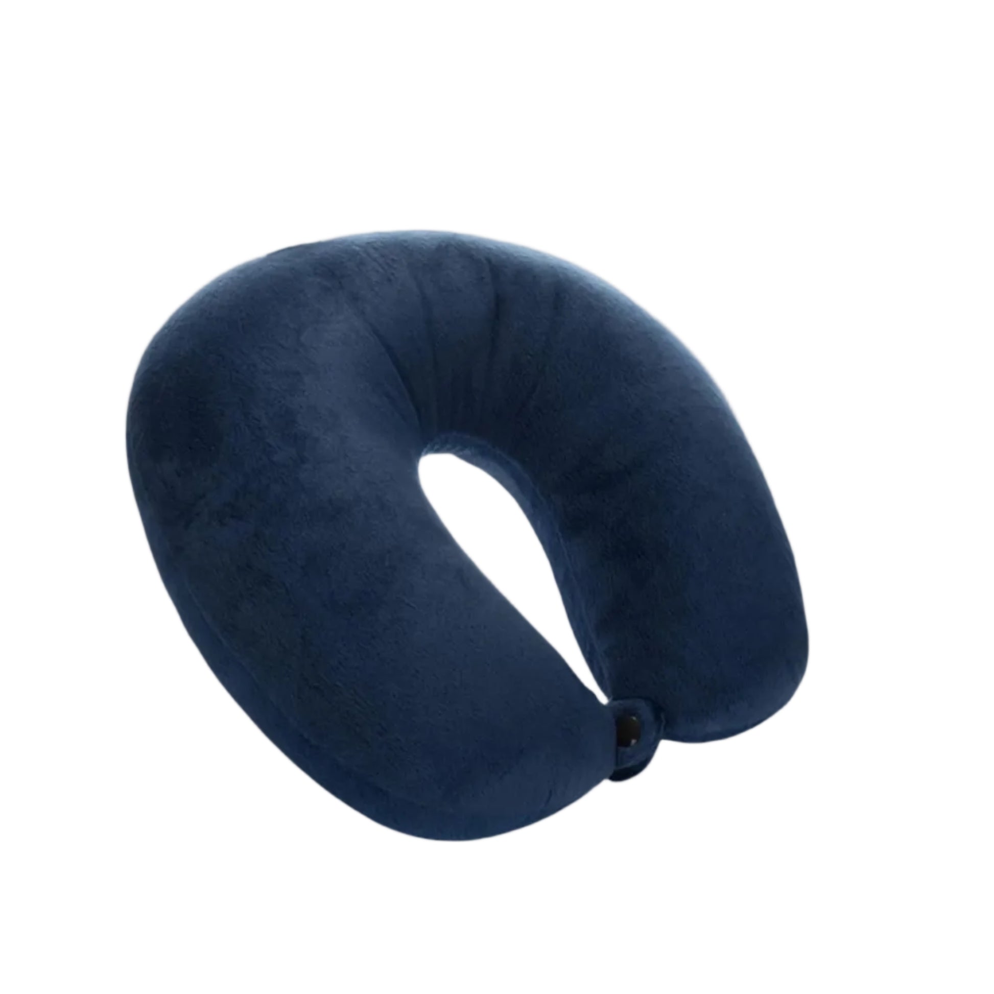 Soft memory foam travel neck pillows in navy blue – U-shaped ergonomic design with button clasp for support and comfort on flights and long journeys